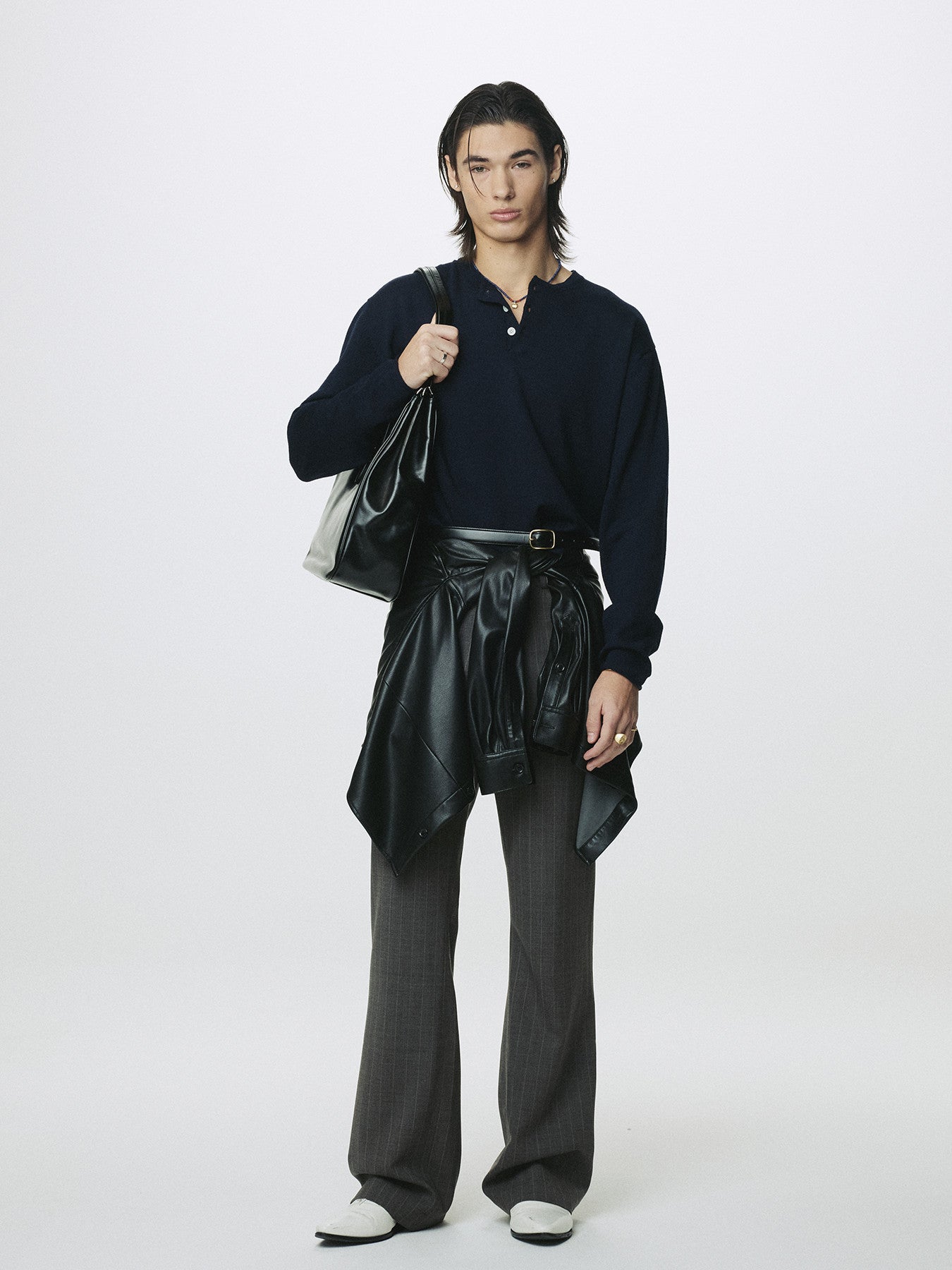 Tonywack - Extra Fine Wool Raw Hem Henley Neck Knit (Navy) product image 2 | TRAB K-Fashion Australia