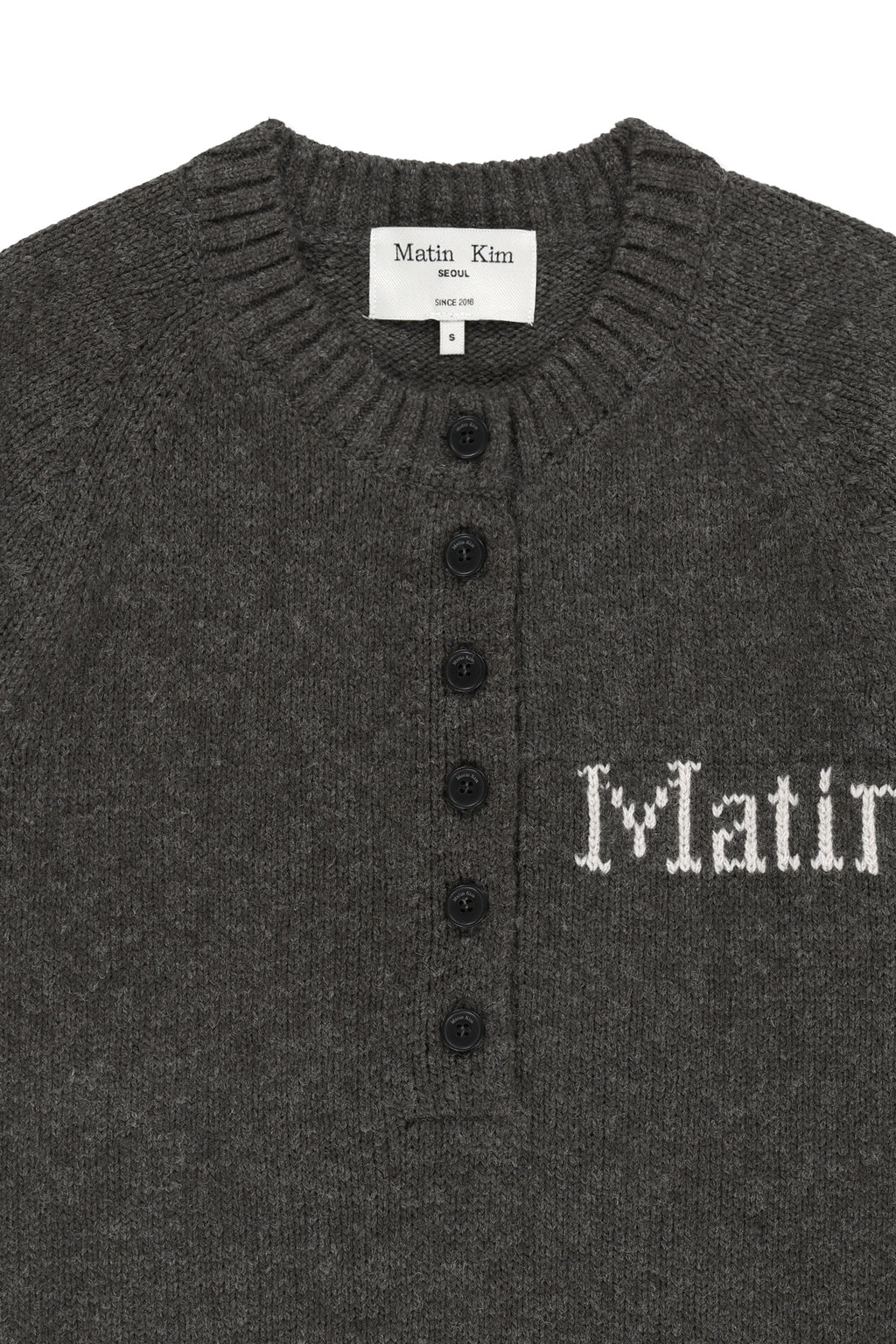 Matin Kim - Matin Button Point Henley Neck Logo Knit Top (Charcoal) product image 3 | TRAB K-Fashion Australia