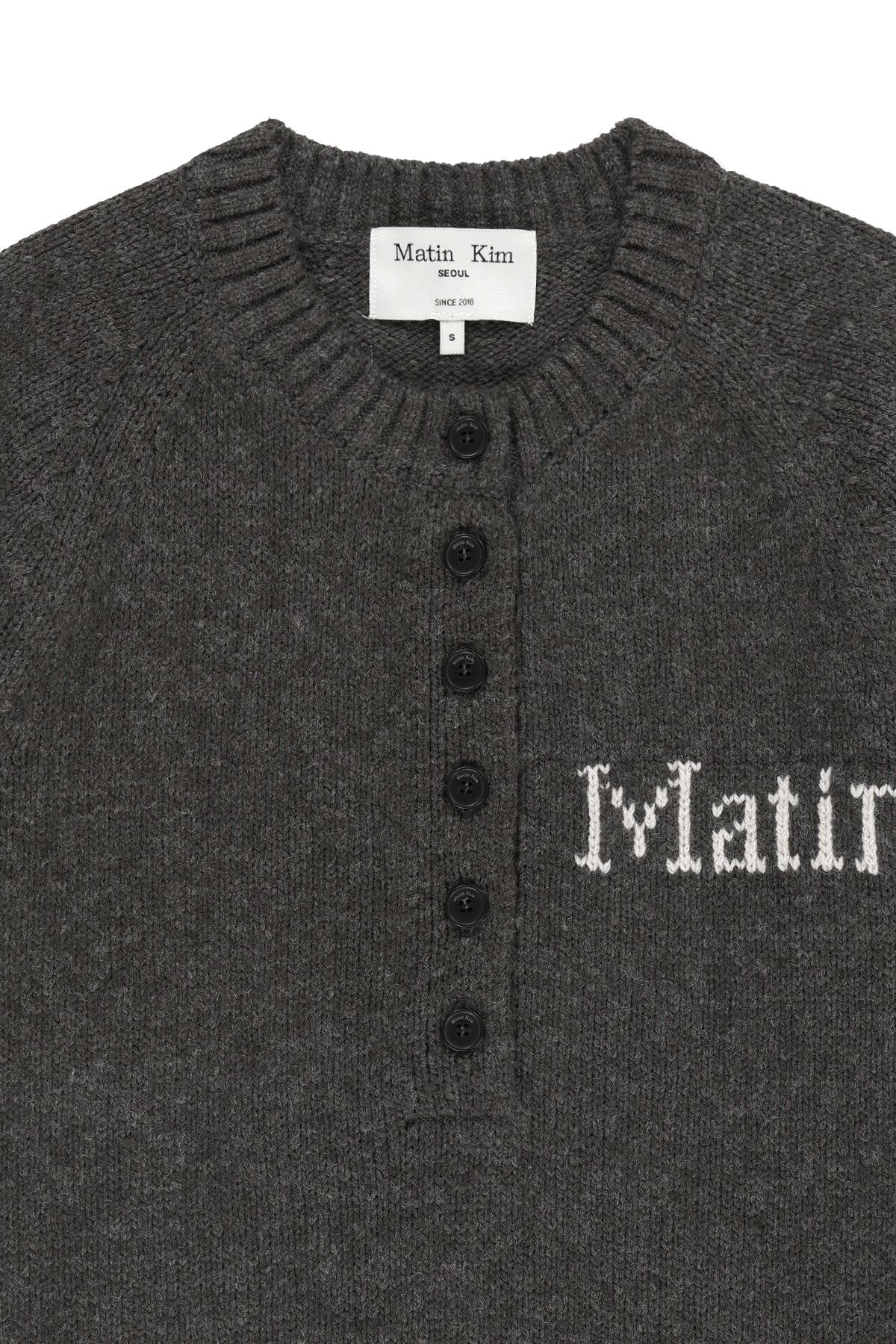 Matin Kim - Matin Button Point Henley Neck Logo Knit Top (Charcoal) product image 3 | TRAB K-Fashion Australia