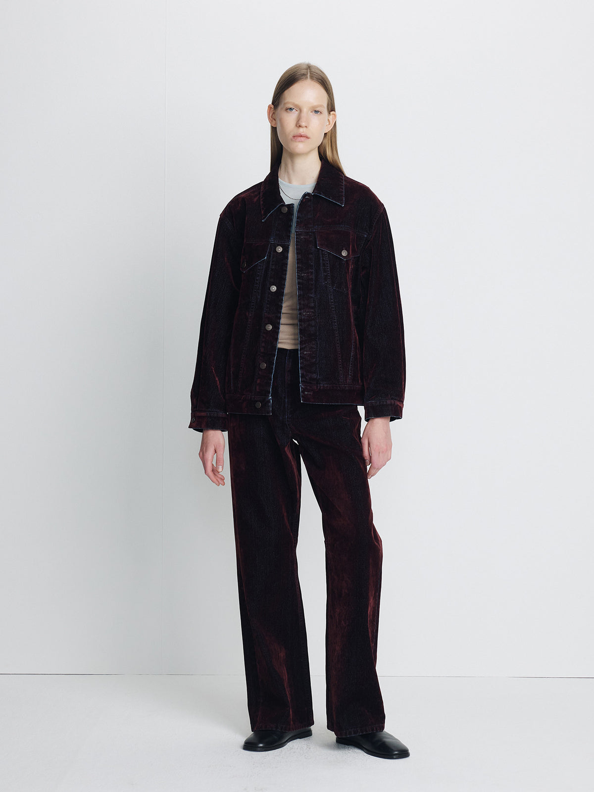 Tonywack - Flocked Denim Loose Flared Pants (Burgundy) product image 4 | TRAB K-Fashion Australia