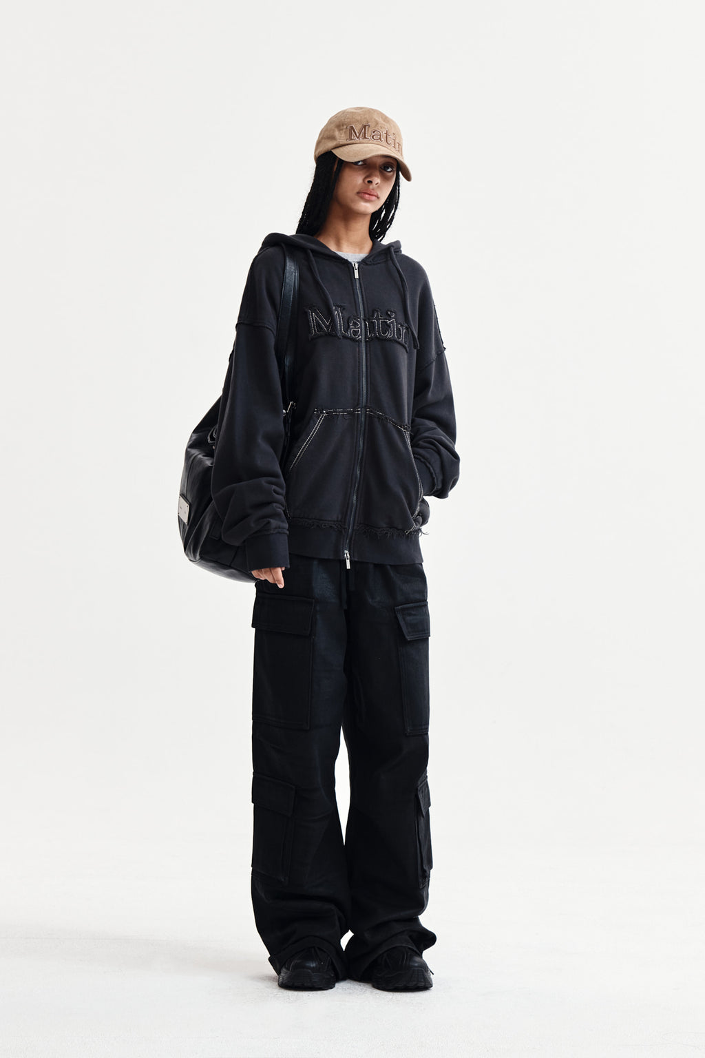 Matin Kim - Raw Cut Applique Hoody Zip Up (Charcoal) product image 9 | TRAB K-Fashion Australia