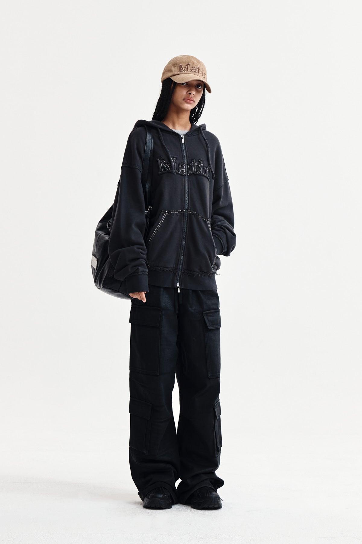 Matin Kim - Raw Cut Applique Hoody Zip Up (Charcoal) product image 9 | TRAB K-Fashion Australia