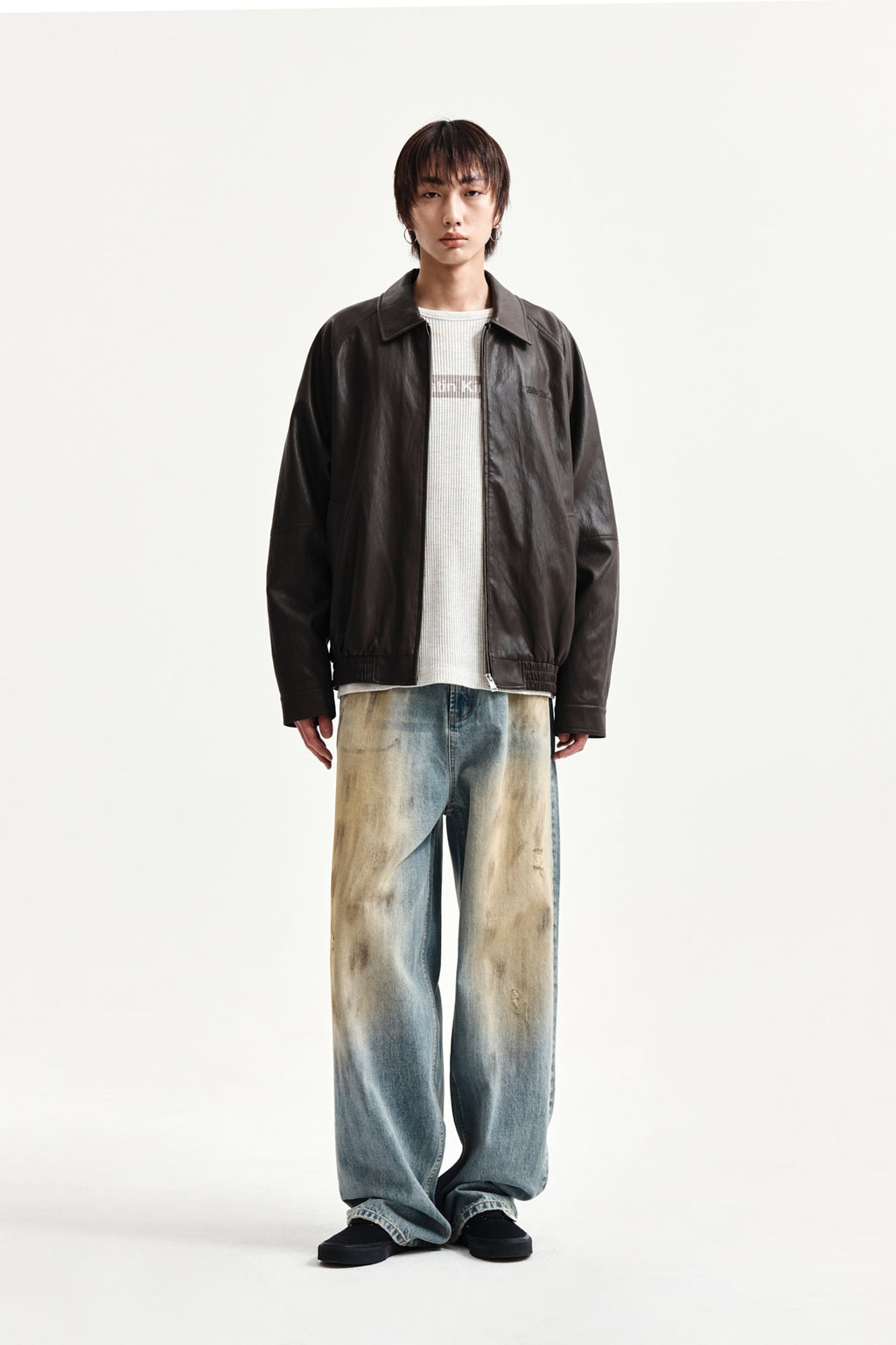 Matin Kim - Small Logo Faux Leather Zip Up Jumper (Brown) product image 14 | TRAB K-Fashion Australia