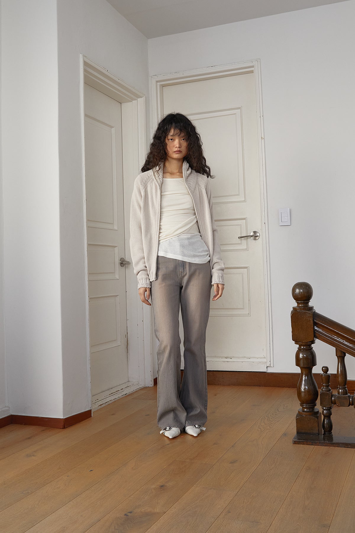 Matin Kim - Applique Logo Patch Knit Zip Up (Light Beige) product image 15 | TRAB K-Fashion Australia