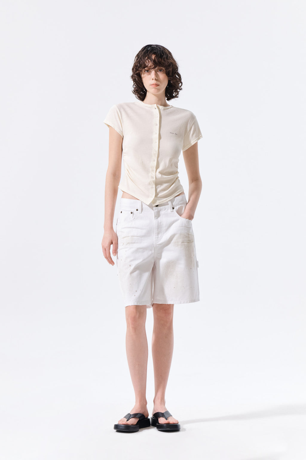 Matin Kim - Carpenter Bermuda Denim Pants (White) product image 9 | TRAB K-Fashion Australia