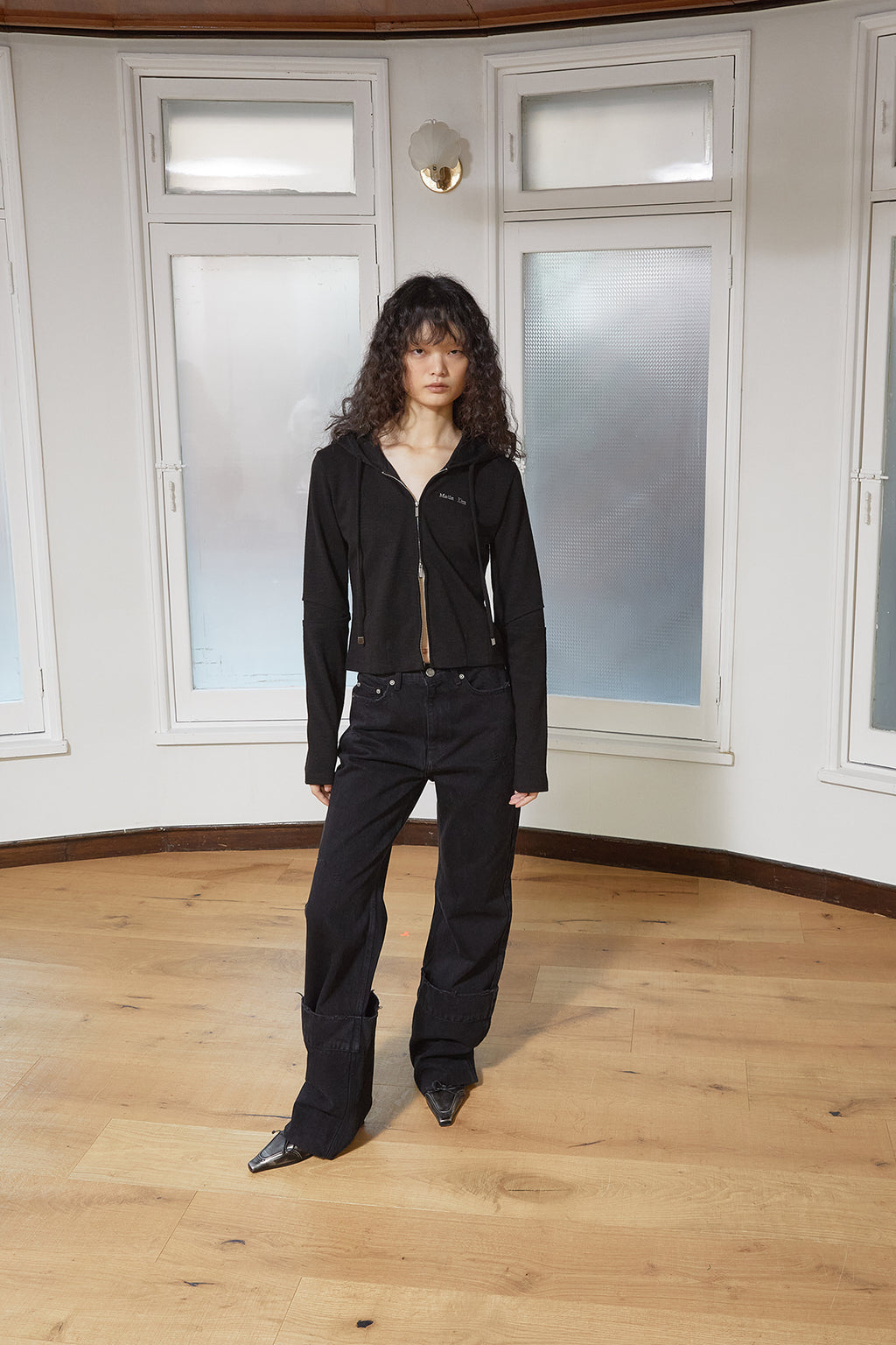 Matin Kim - Sleeve Slit Point Hoody Zip Up (Black) product image 11 | TRAB K-Fashion Australia