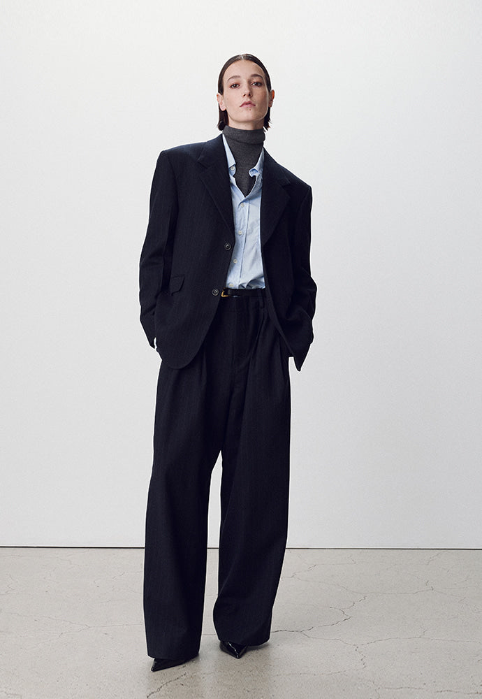 Tonywack - Virgin Wool Double-Pleats Wide Trousers (Navy Pinstripe) product image 1 | TRAB K-Fashion Australia