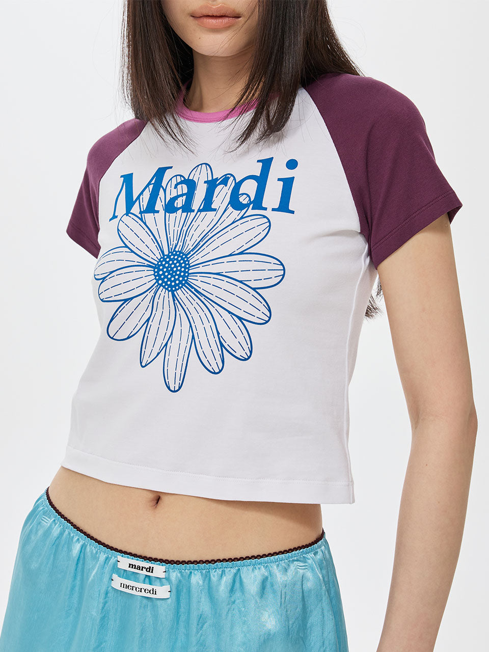 Mardi Mercredi - Cropped Tshirt Raglan Flowermardi (White Blue) product image 1 | TRAB K-Fashion Australia