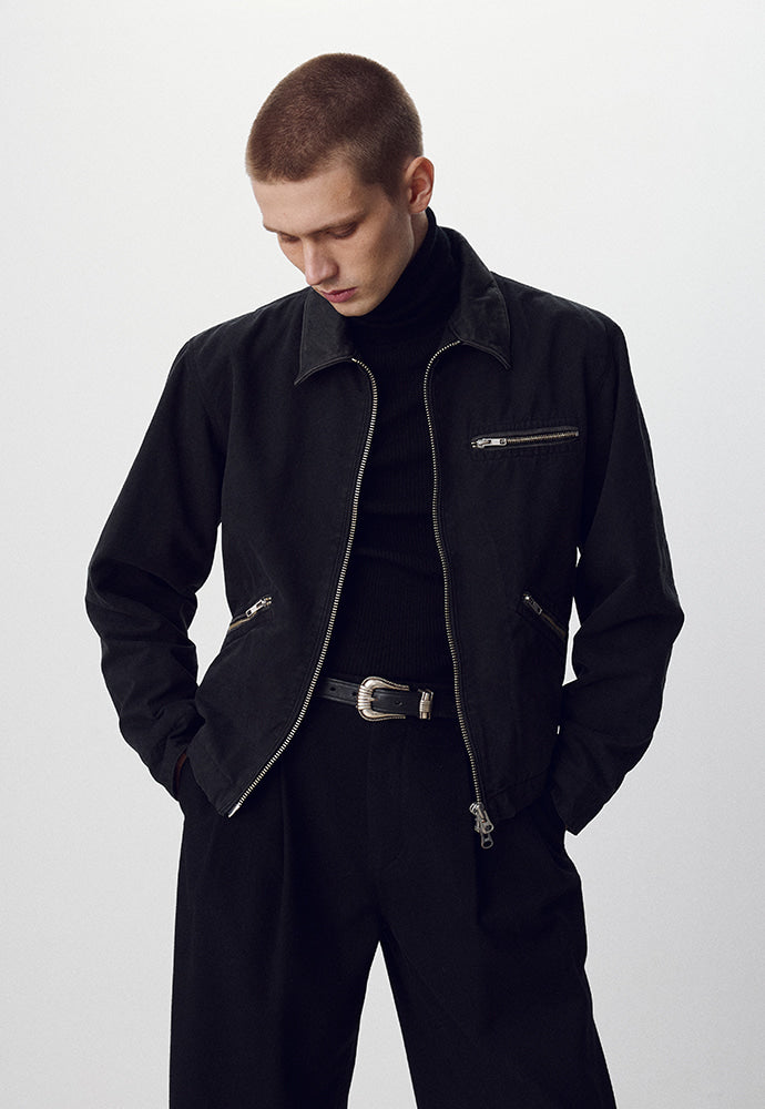 Tonywack - Leather Collar Garment-Washed Zip Work Jacket (Faded Black) product image 1 | TRAB K-Fashion Australia