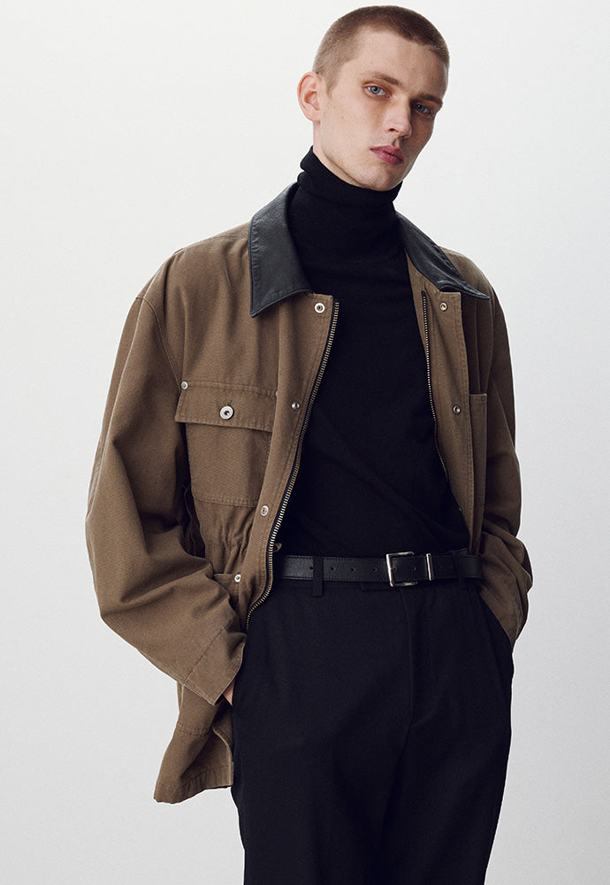 Tonywack - Leather Collar Garment-Washed Utility Jacket (Faded Olive) product image 5 | TRAB K-Fashion Australia