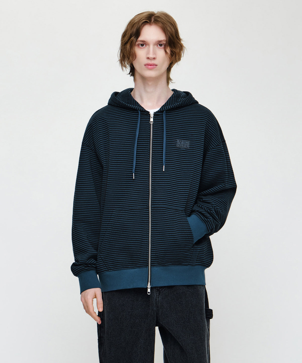 Marithe & Francois Girbaud - Small Classic Logo Stripe Oversized Hoodie Zipup (Dark Blue) product image 1 | TRAB K-Fashion Australia