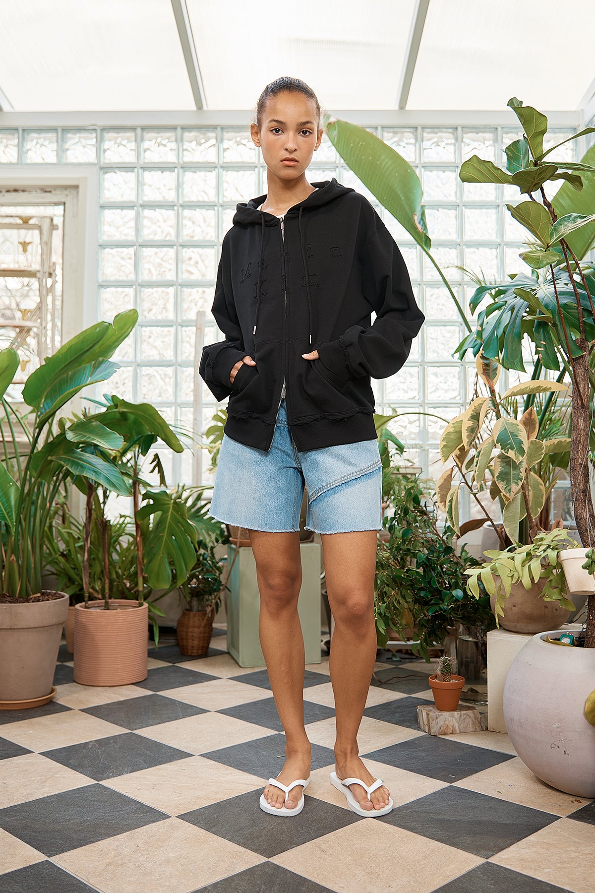 Matin Kim - Applique Cutted Logo Hoody Zip Up (Black) product image 11 | TRAB K-Fashion Australia