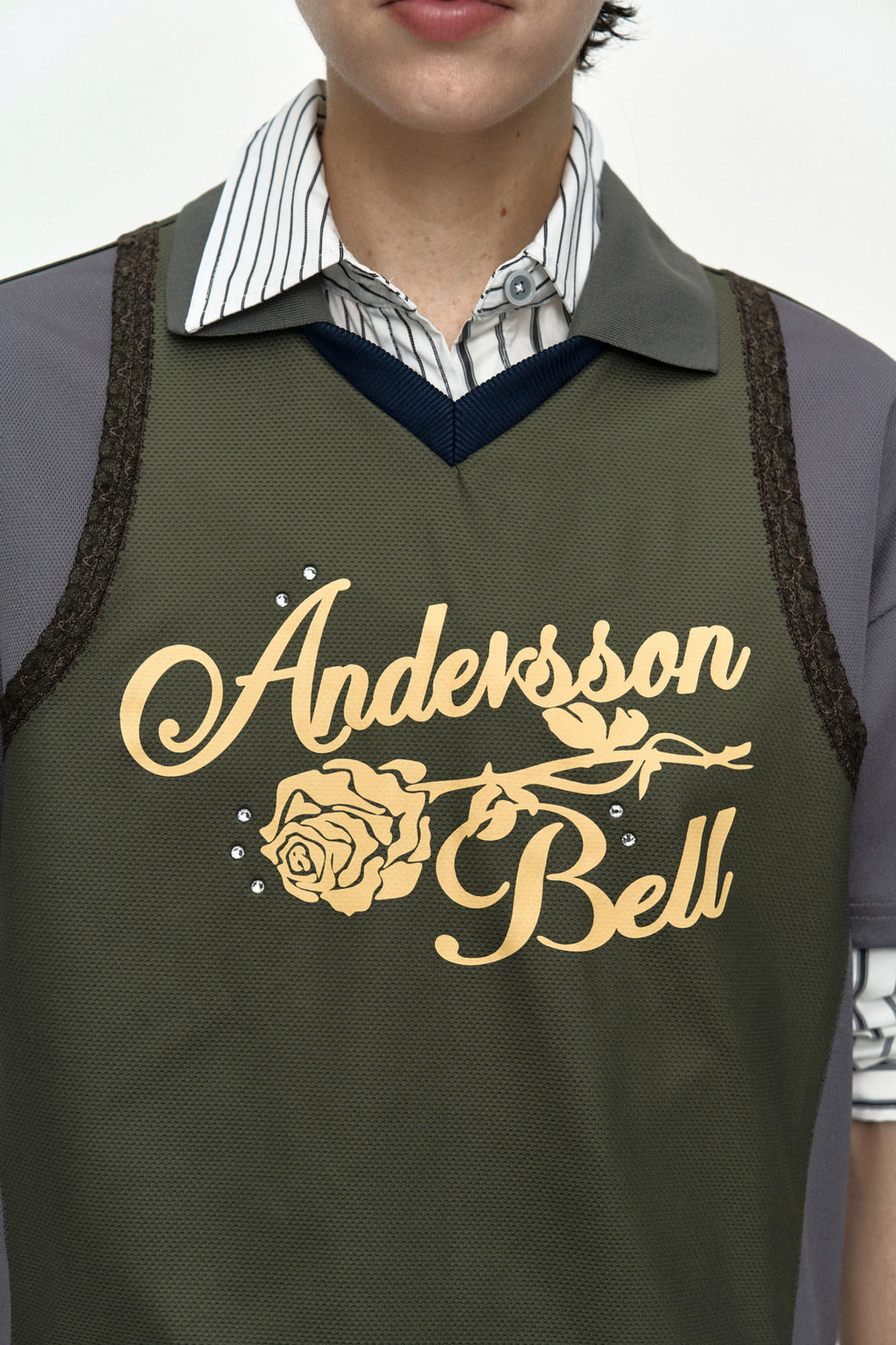 Andersson Bell - Lace Trimmed Polo Jersey Top (Grey/Khaki) product image 5 | TRAB K-Fashion Australia