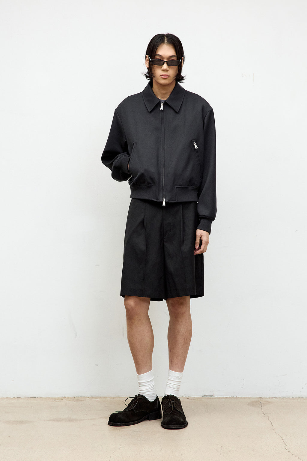 Coor - Virgin Wool Pleated Stripe Shorts (Black) product image 2 | TRAB K-Fashion Australia