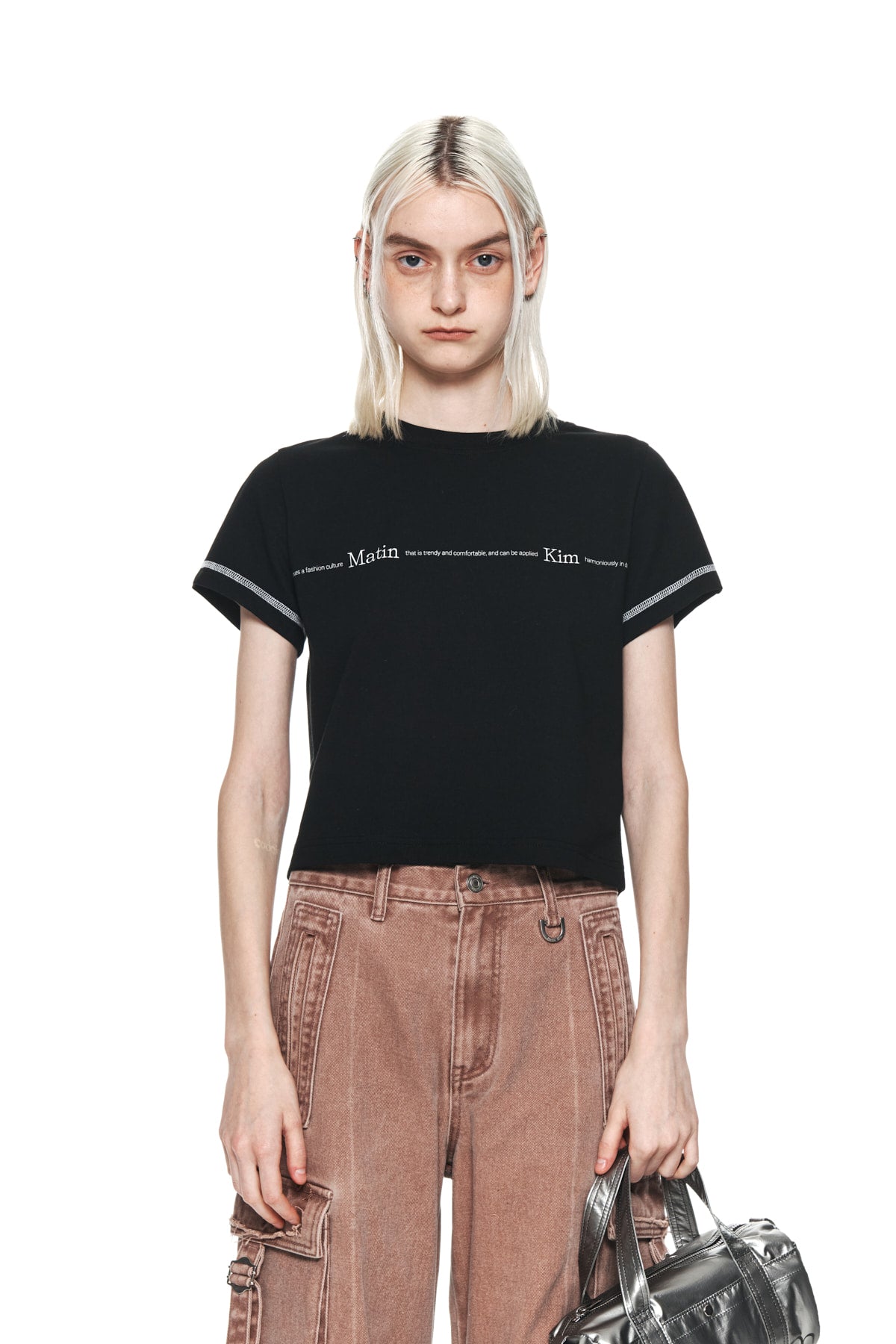 Matin Kim - Matin Small Line Logo Stitch Crop Top (Black) product image 5 | TRAB K-Fashion Australia