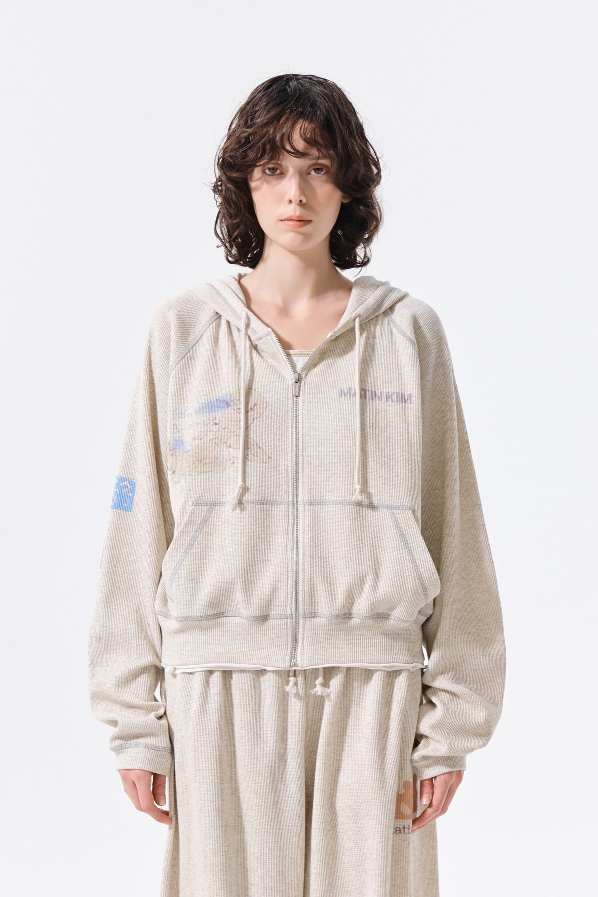 Matin Kim - Sketch Graffiti Waffle Hoody Zip Up (Light Beige) product image 7 | TRAB K-Fashion Australia