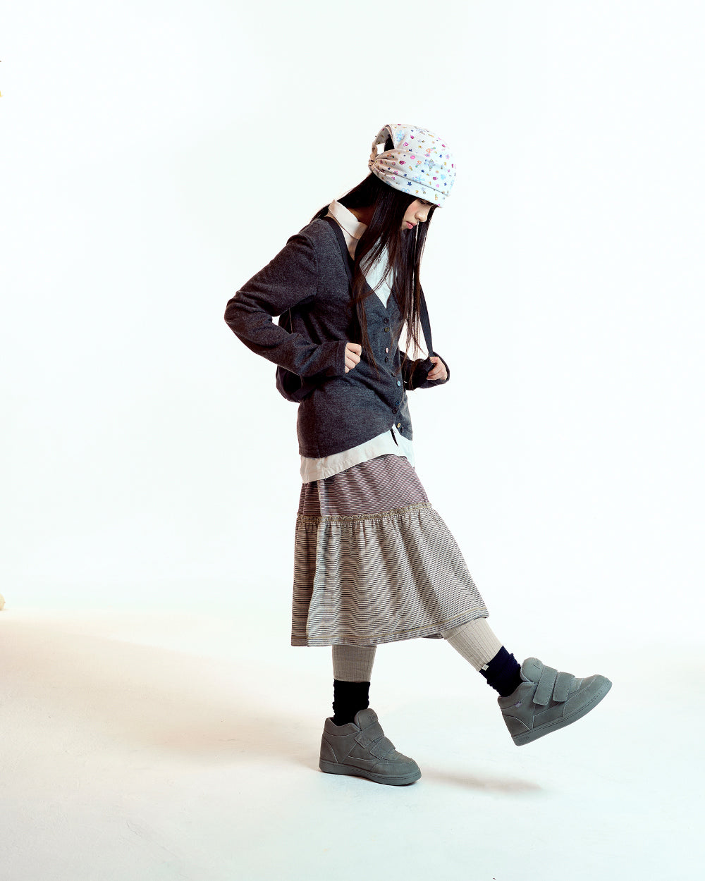Coyseio - Colored Stripe Midi Skirt (Grey Beige) product image 9 | TRAB K-Fashion Australia