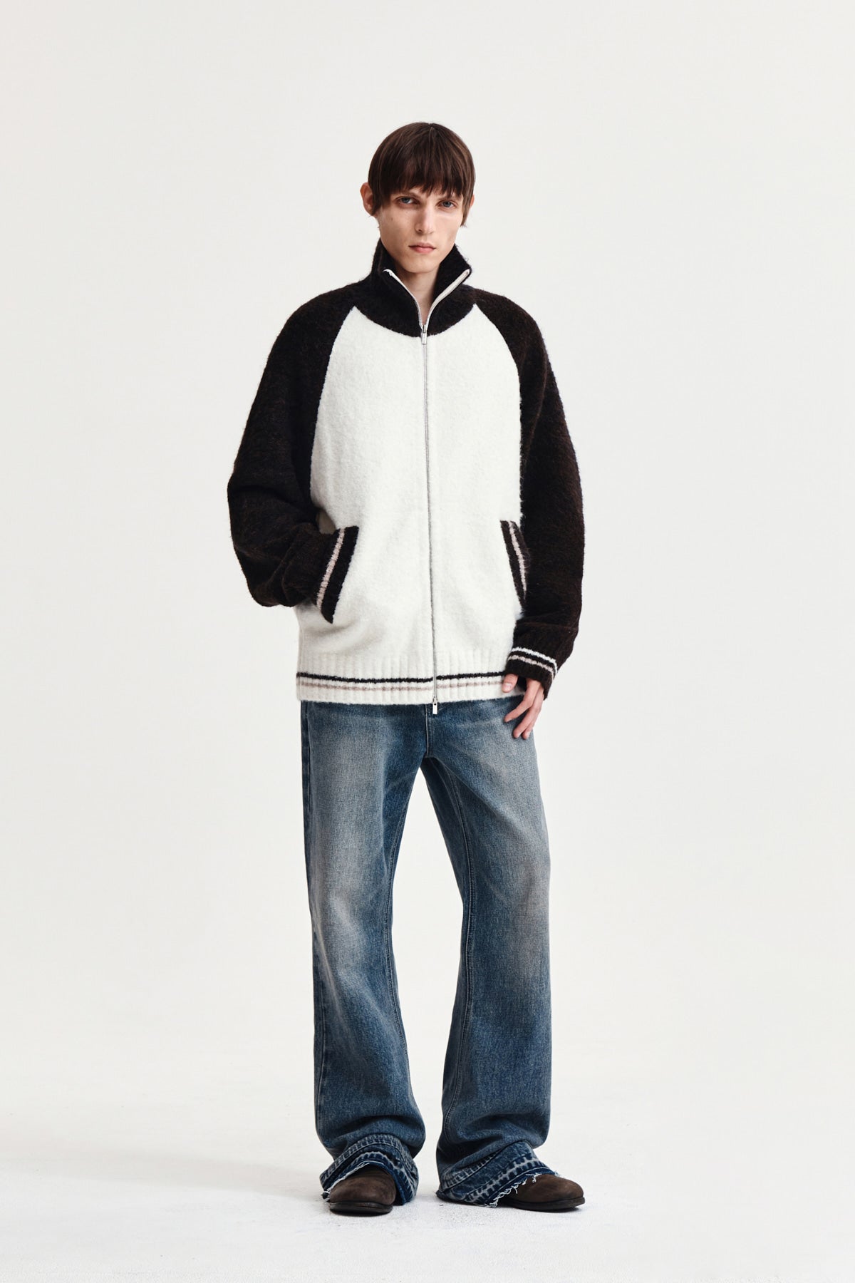 Matin Kim - High Neck Raglan Knit Zip Up (Dark Brown) product image 8 | TRAB K-Fashion Australia