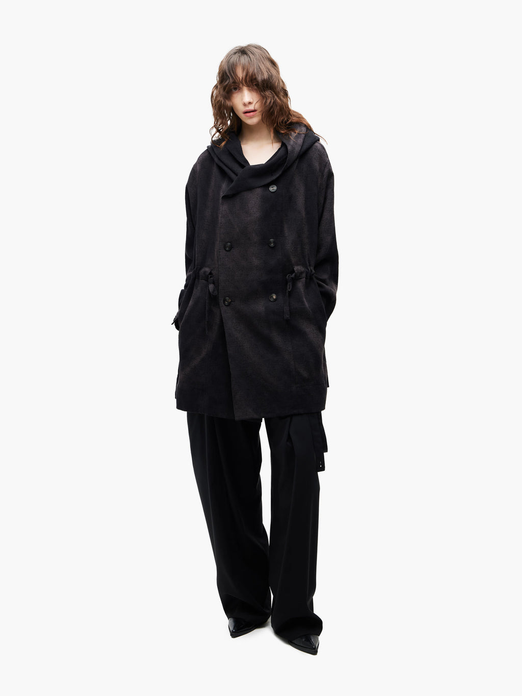 Jiyong Kim - Sun-Bleached Double-Breasted Hooded Coat (Black) product image 3 | TRAB K-Fashion Australia