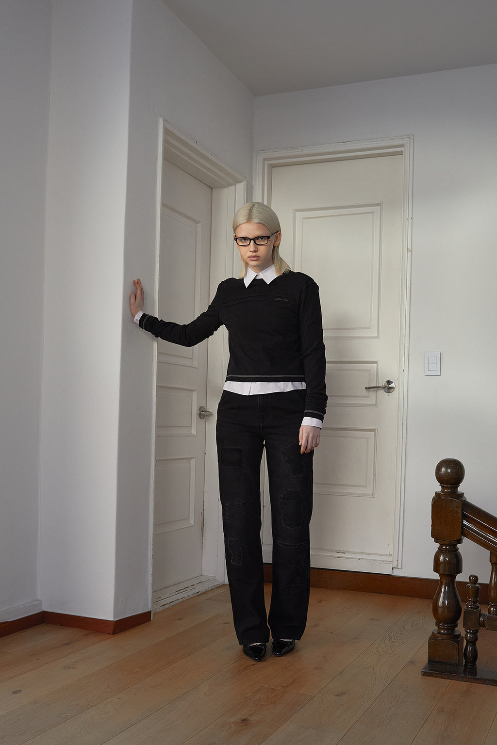 Matin Kim - Cut Line Detail Long Sleeve Logo Top (Black) product image 10 | TRAB K-Fashion Australia