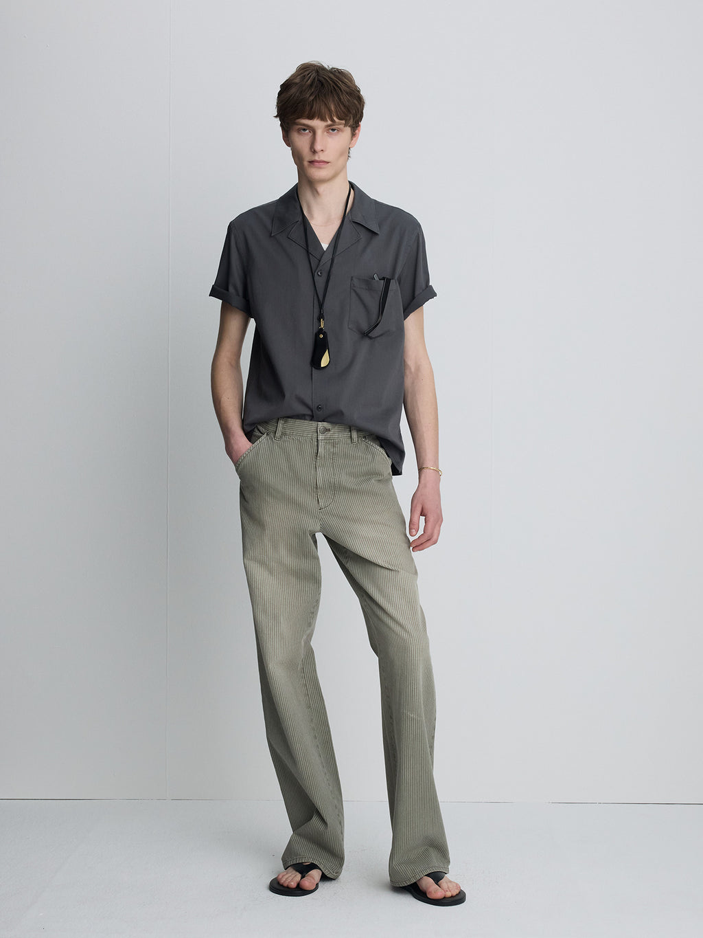 Tonywack - Garment Dyed Stripe Cotton Flare Pants (Stone Grey) product image 2 | TRAB K-Fashion Australia