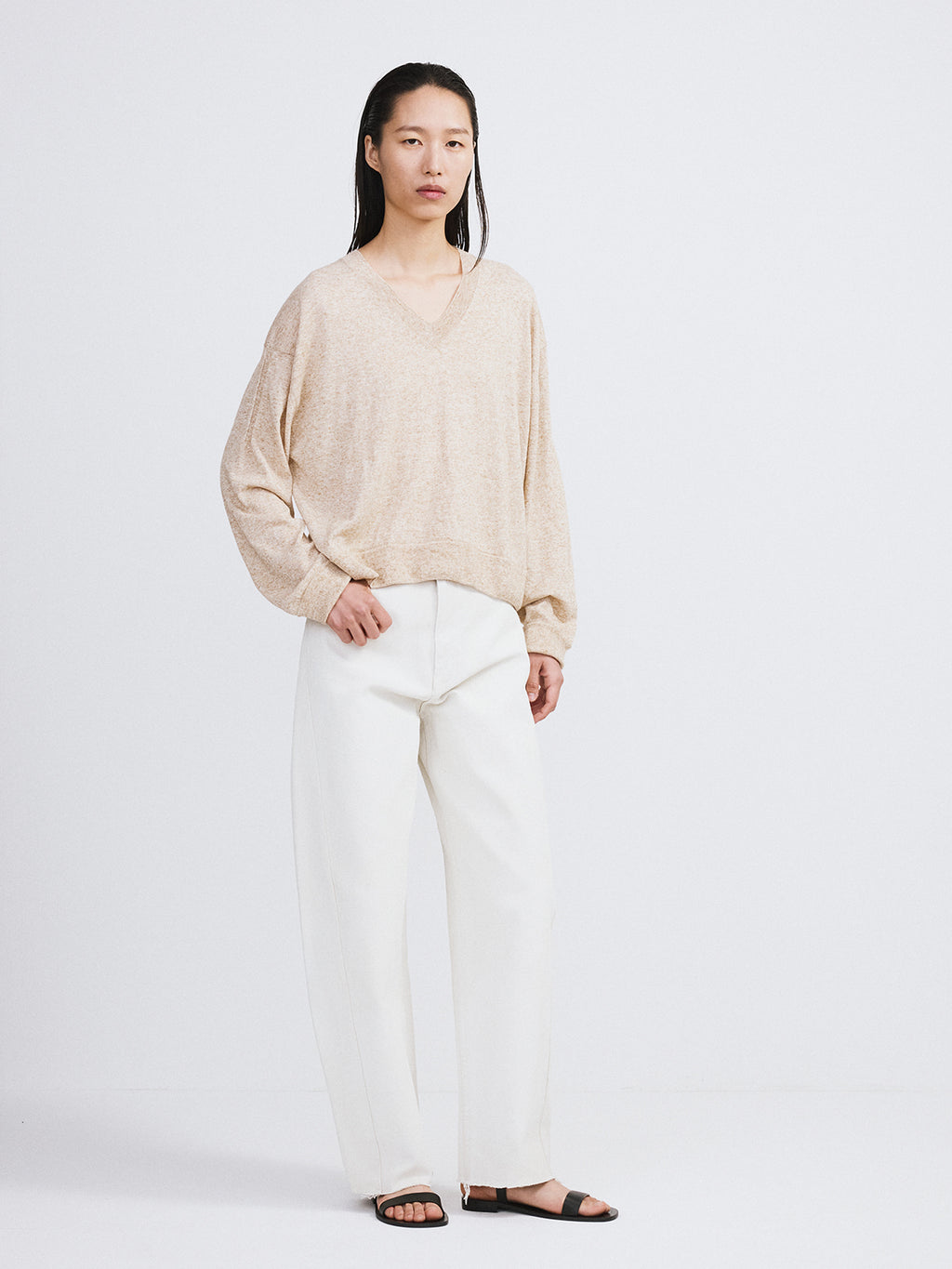 Recto - Melange V-Neck Loose Knit Top (Oatmeal) product image 2 | TRAB K-Fashion Australia