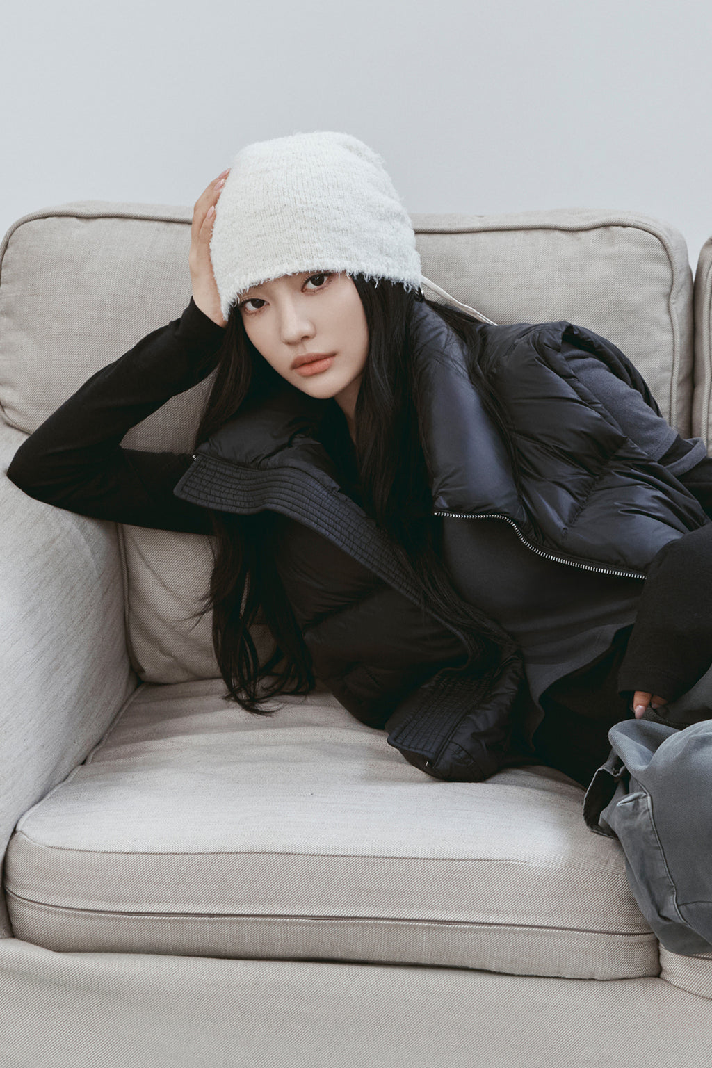 Matin Kim - Ribbon Tie Knit Beanie (Ivory) product image 1 | TRAB K-Fashion Australia