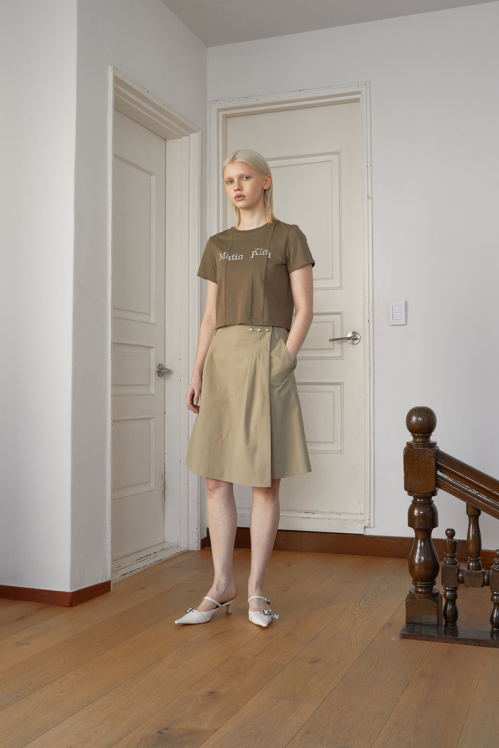 Matin Kim - Unbalance Typo Logo Crop Top (Khaki) product image 8 | TRAB K-Fashion Australia