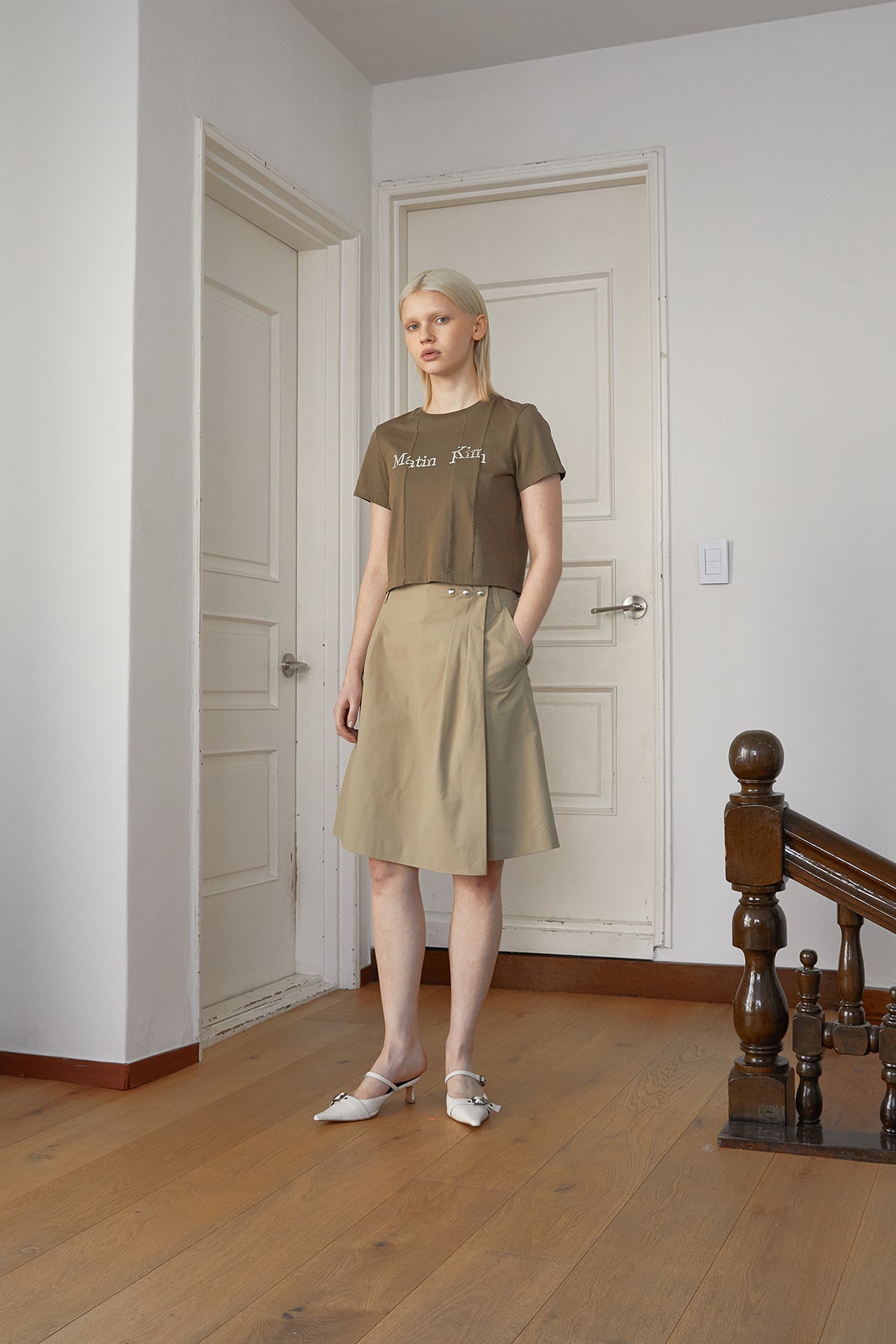 Matin Kim - Unbalance Typo Logo Crop Top (Khaki) product image 8 | TRAB K-Fashion Australia