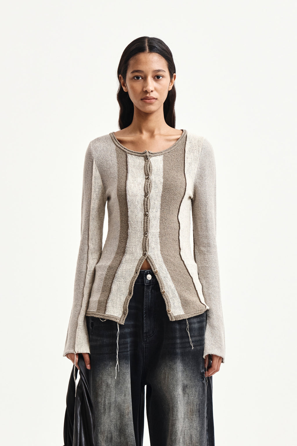 Matin Kim - Color Block Slim Knit Cardigan (Beige) product image 6 | TRAB K-Fashion Australia