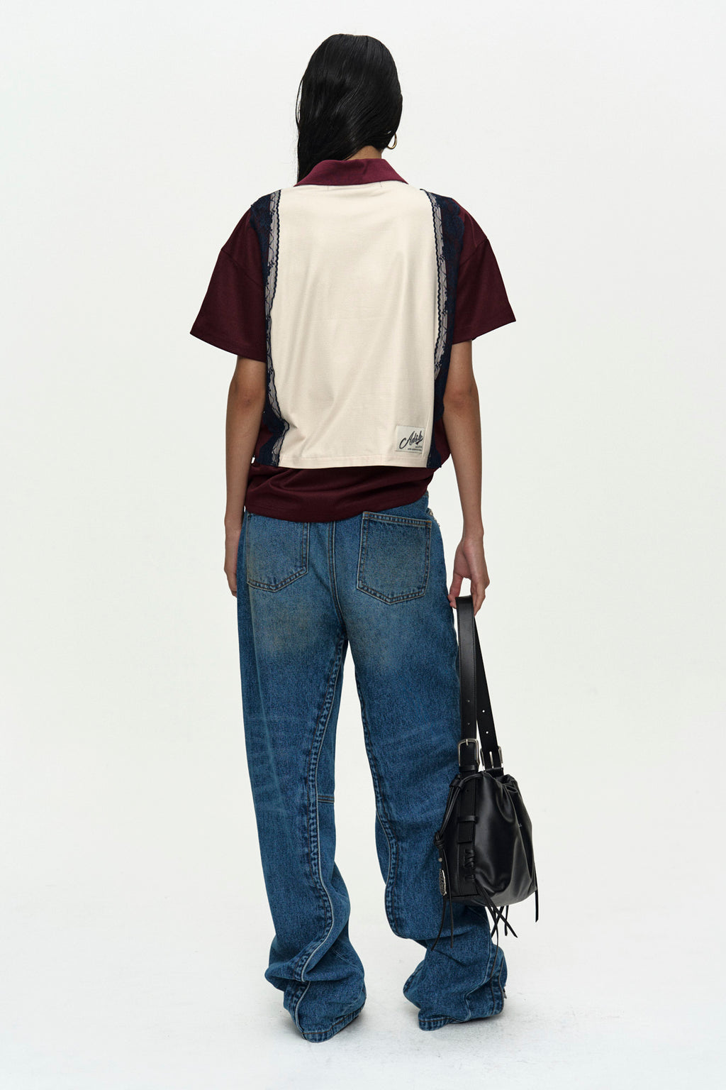 Andersson Bell - Lace Trimmed Polo Jersey Top (Wine/Light Yellow) product image 4 | TRAB K-Fashion Australia