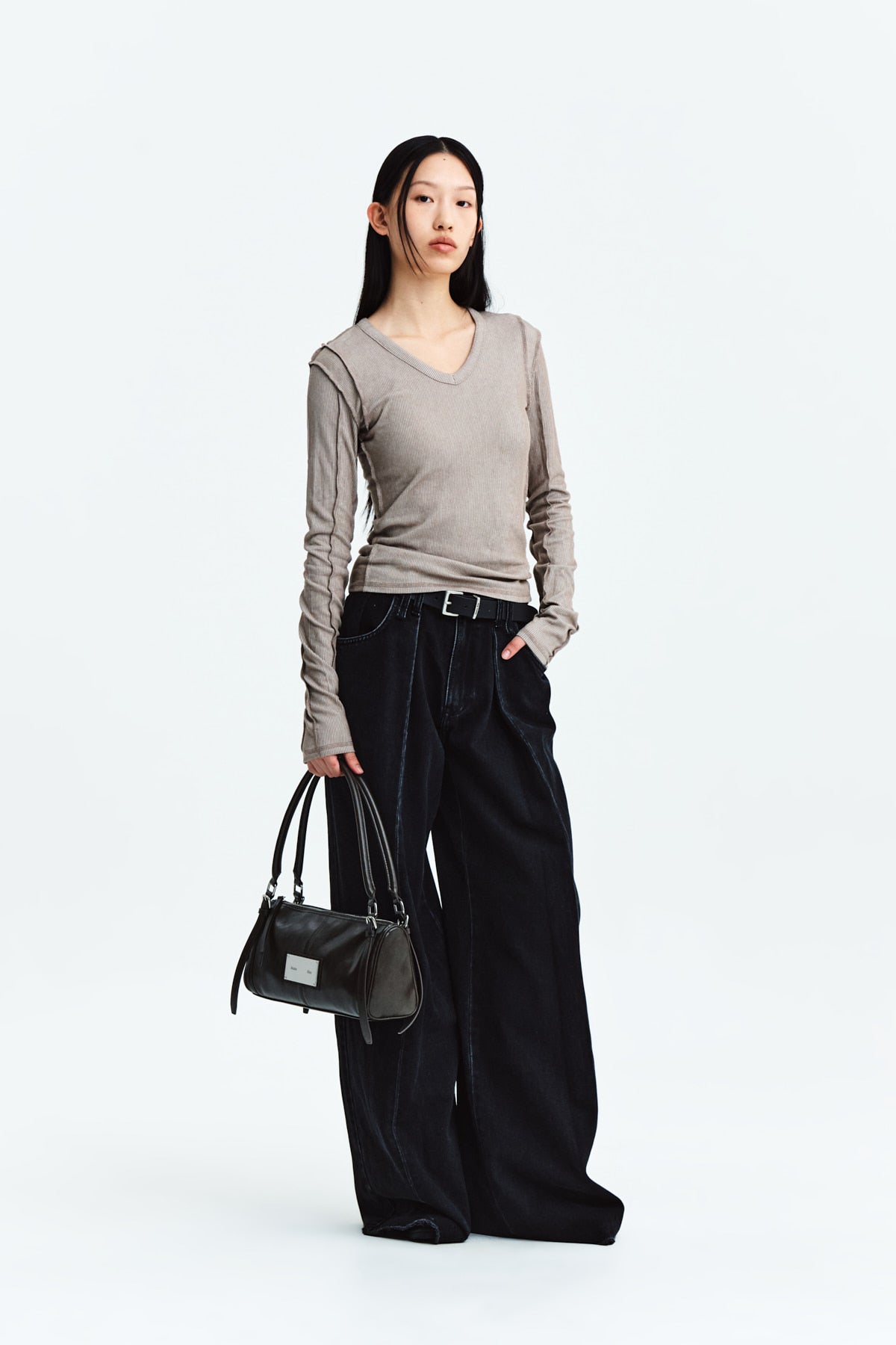 Matin Kim - Stitch V Neck Slim Long Sleeve (Brown) product image 11 | TRAB K-Fashion Australia