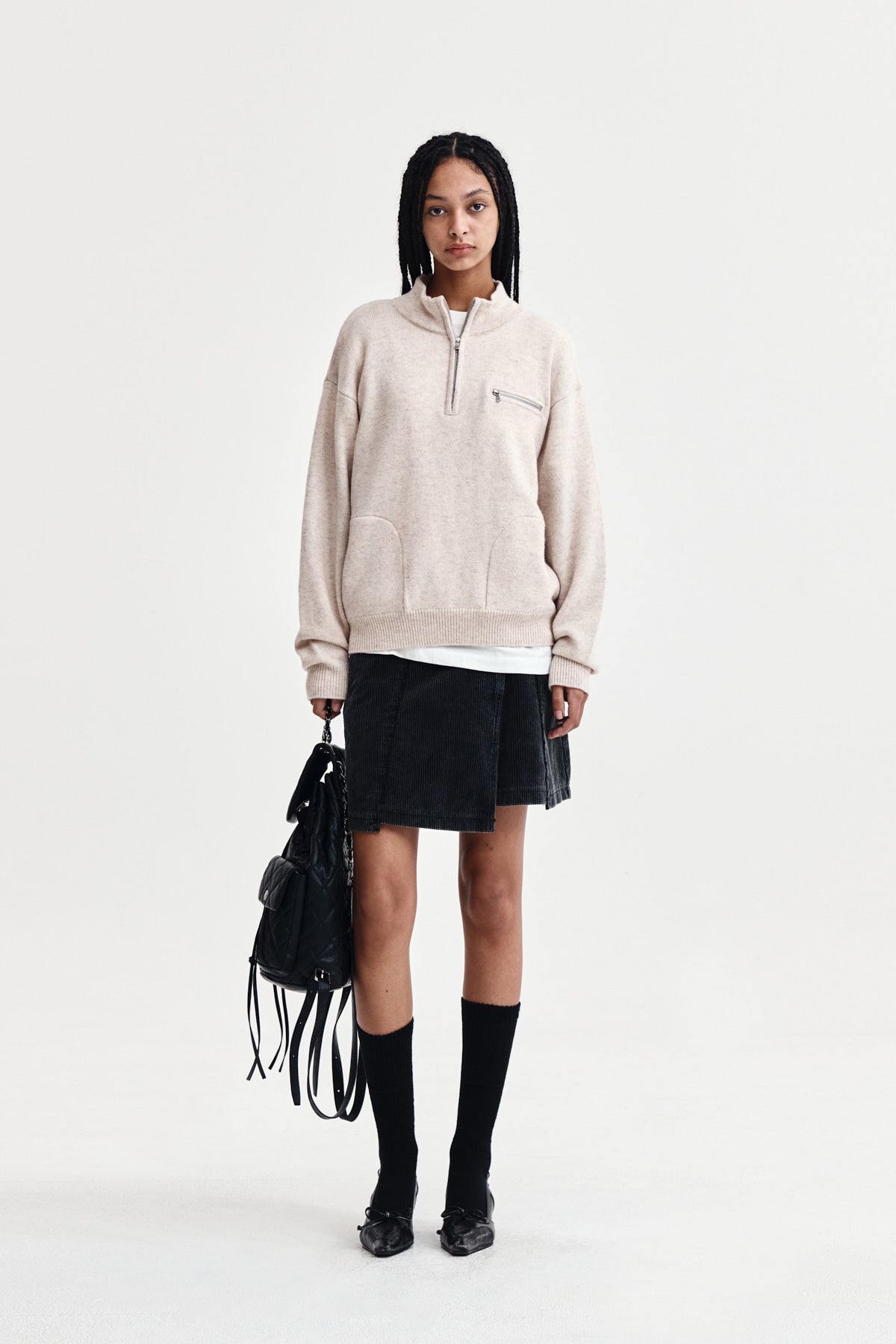 Matin Kim - Back Logo Half Knit Zip Up Pullover (Light Beige) product image 8 | TRAB K-Fashion Australia