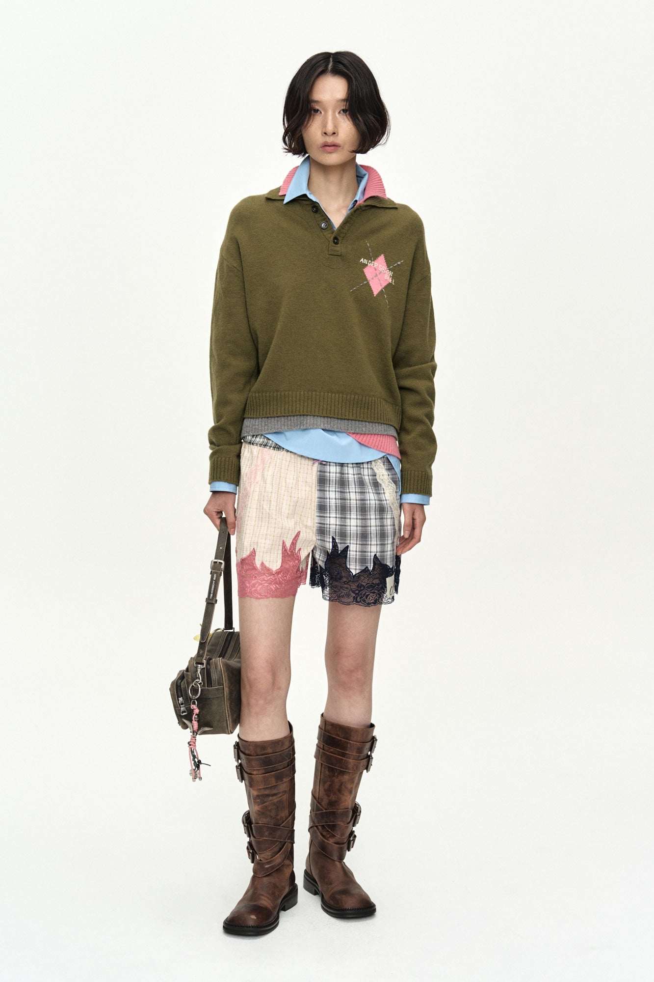 Andersson Bell - Double Collar Argyle Logo Sweater (Khaki/Pink) product image 2 | TRAB K-Fashion Australia