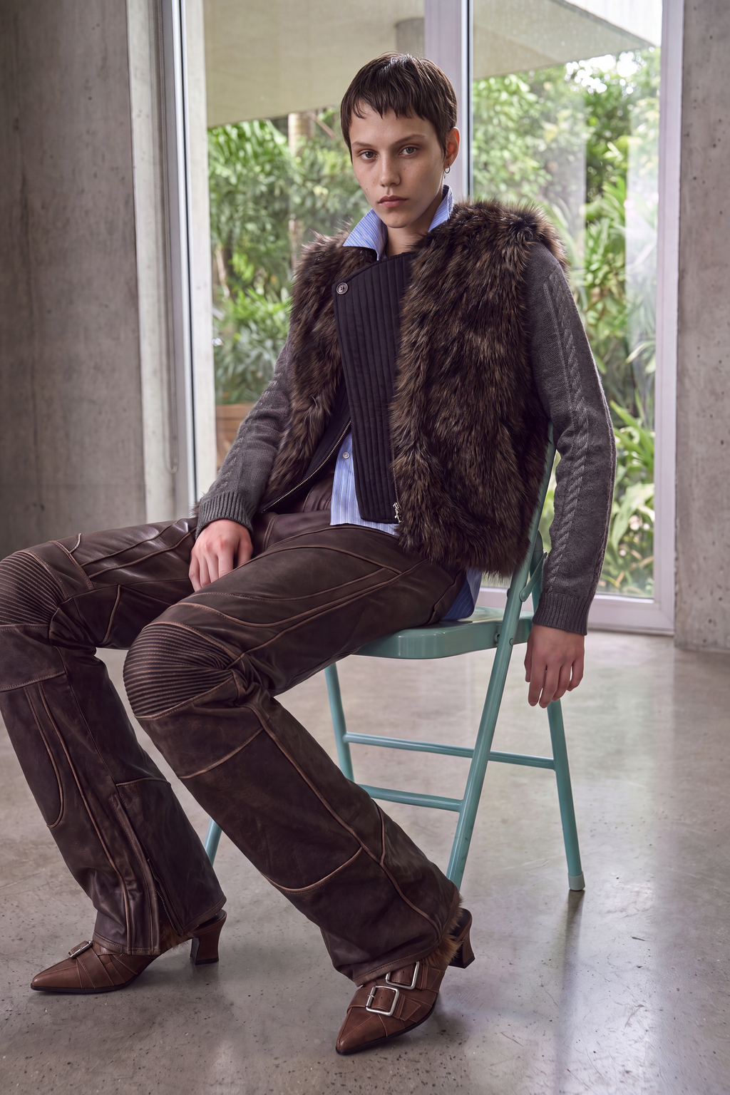 Andersson Bell - Leather Articulated Panel Jeans (Brown) product image 2 | TRAB K-Fashion Australia