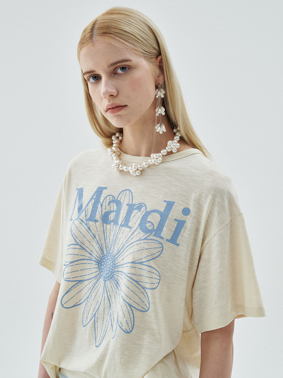 Mardi Mercredi - Slub Cotton Tshirt Flowermardi (Cream Ashblue) product image 1 | TRAB K-Fashion Australia