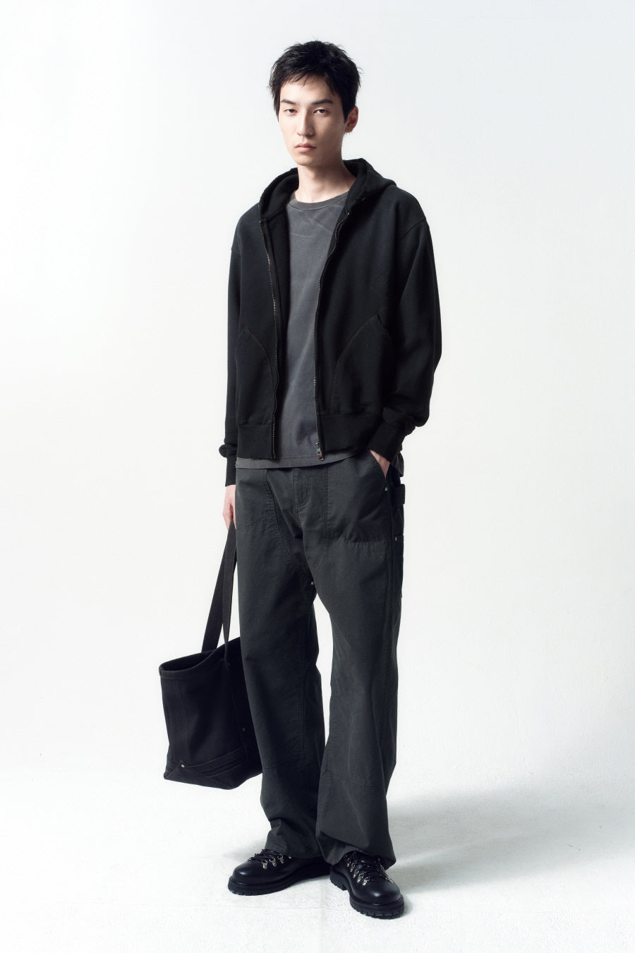 Insilence - Distressed Vintage Zip-Up Hoodie (Washed Black) product image 1 | TRAB K-Fashion Australia