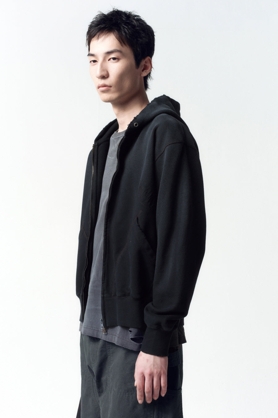 Insilence - Distressed Vintage Zip-Up Hoodie (Washed Black) product image 4 | TRAB K-Fashion Australia