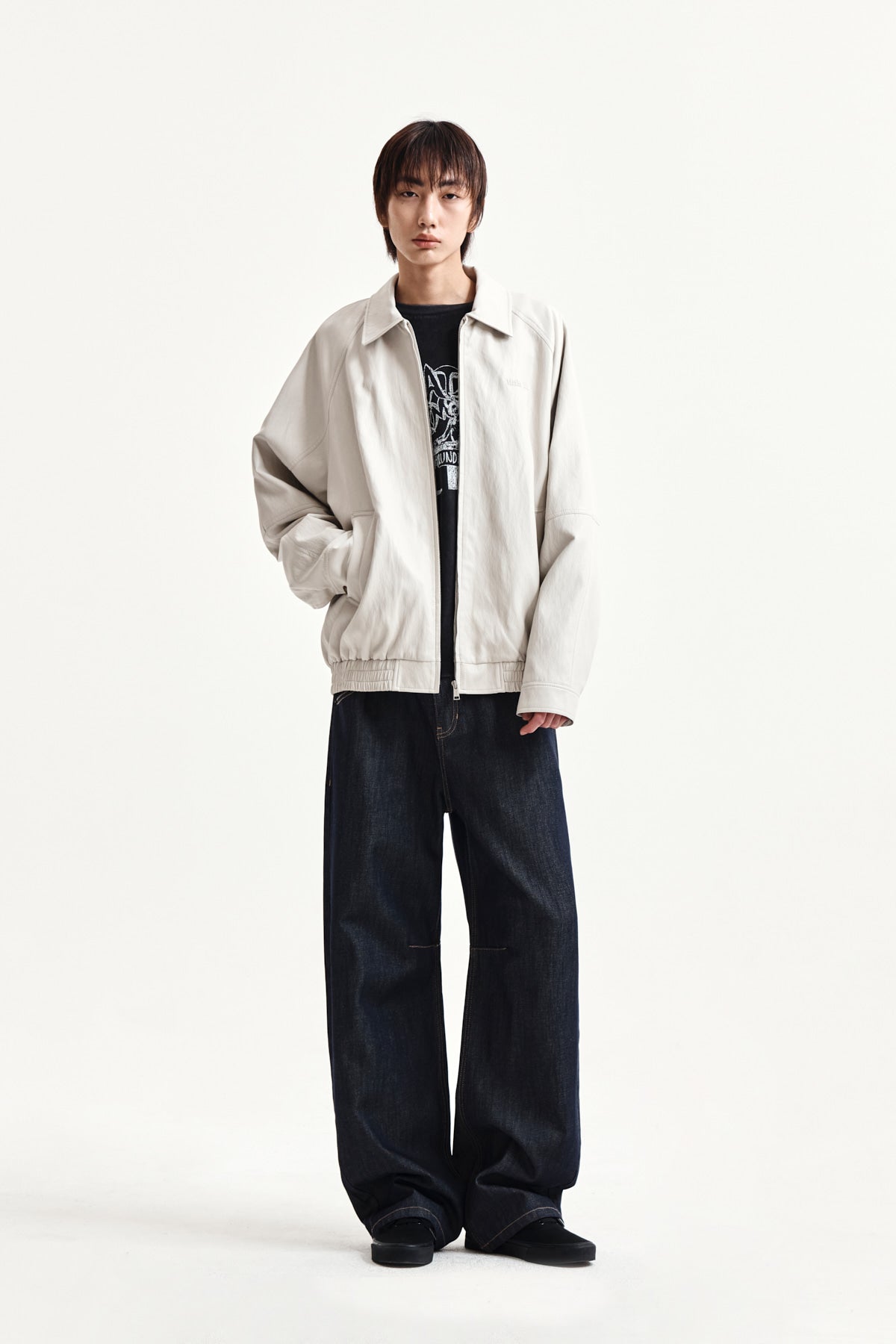 Matin Kim - Small Logo Faux Leather Zip Up Jumper (Light Grey) product image 15 | TRAB K-Fashion Australia