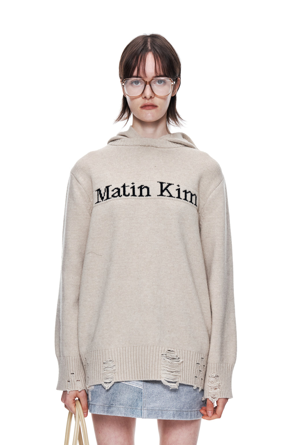 Matin Kim - Damage Logo Knit Hoodie (Beige) product image 5 | TRAB K-Fashion Australia