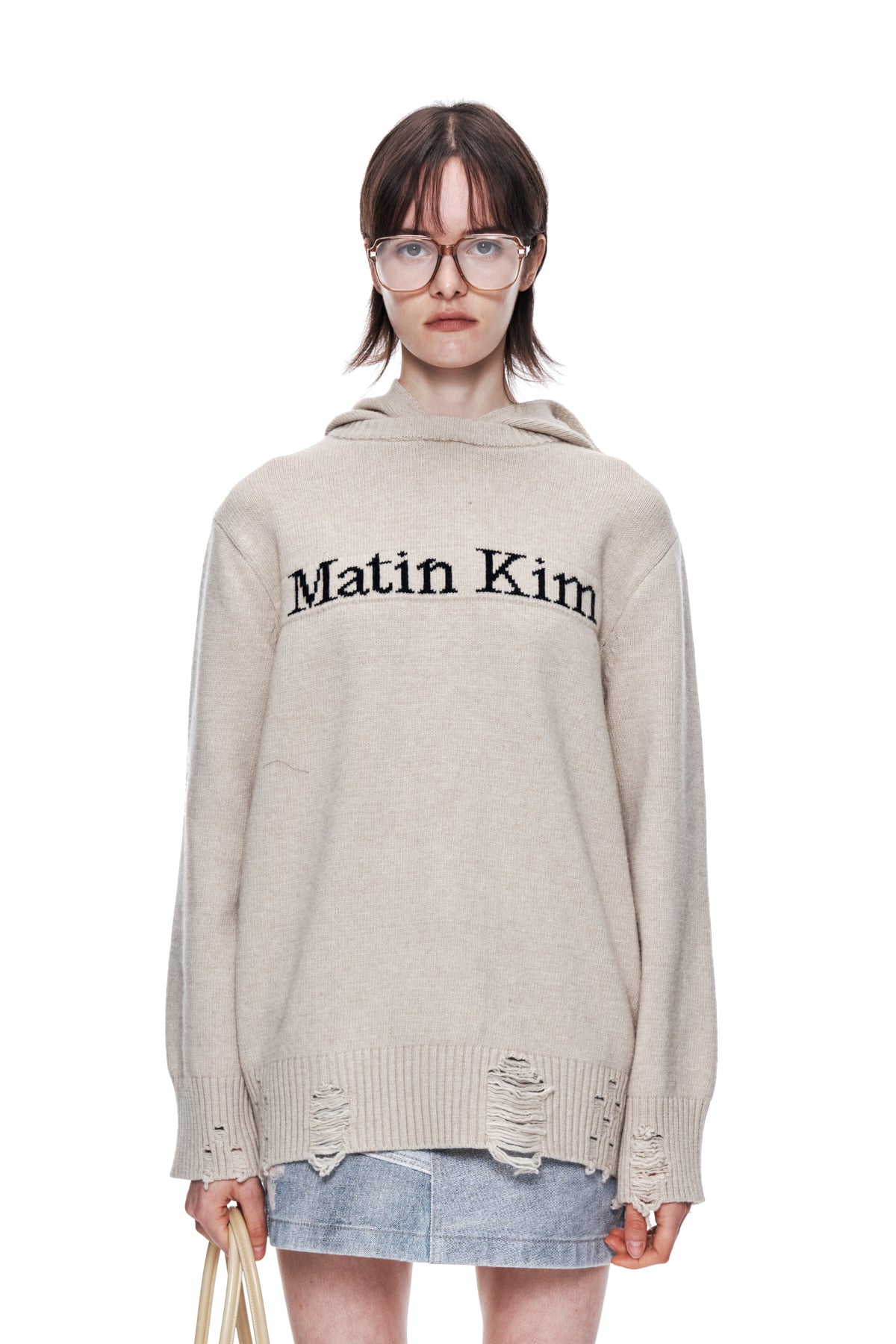 Matin Kim - Damage Logo Knit Hoodie (Beige) product image 5 | TRAB K-Fashion Australia