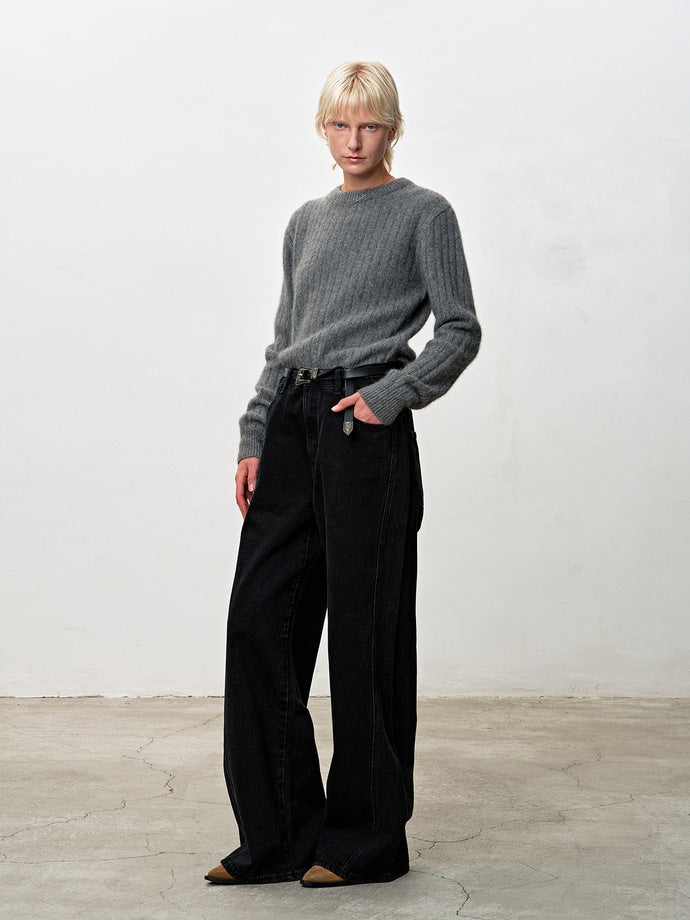 Tonywack - Superfine Merino Wool Tube Scarf Attaced Ribbed Sweater (Melange Grey) product image 3 | TRAB K-Fashion Australia