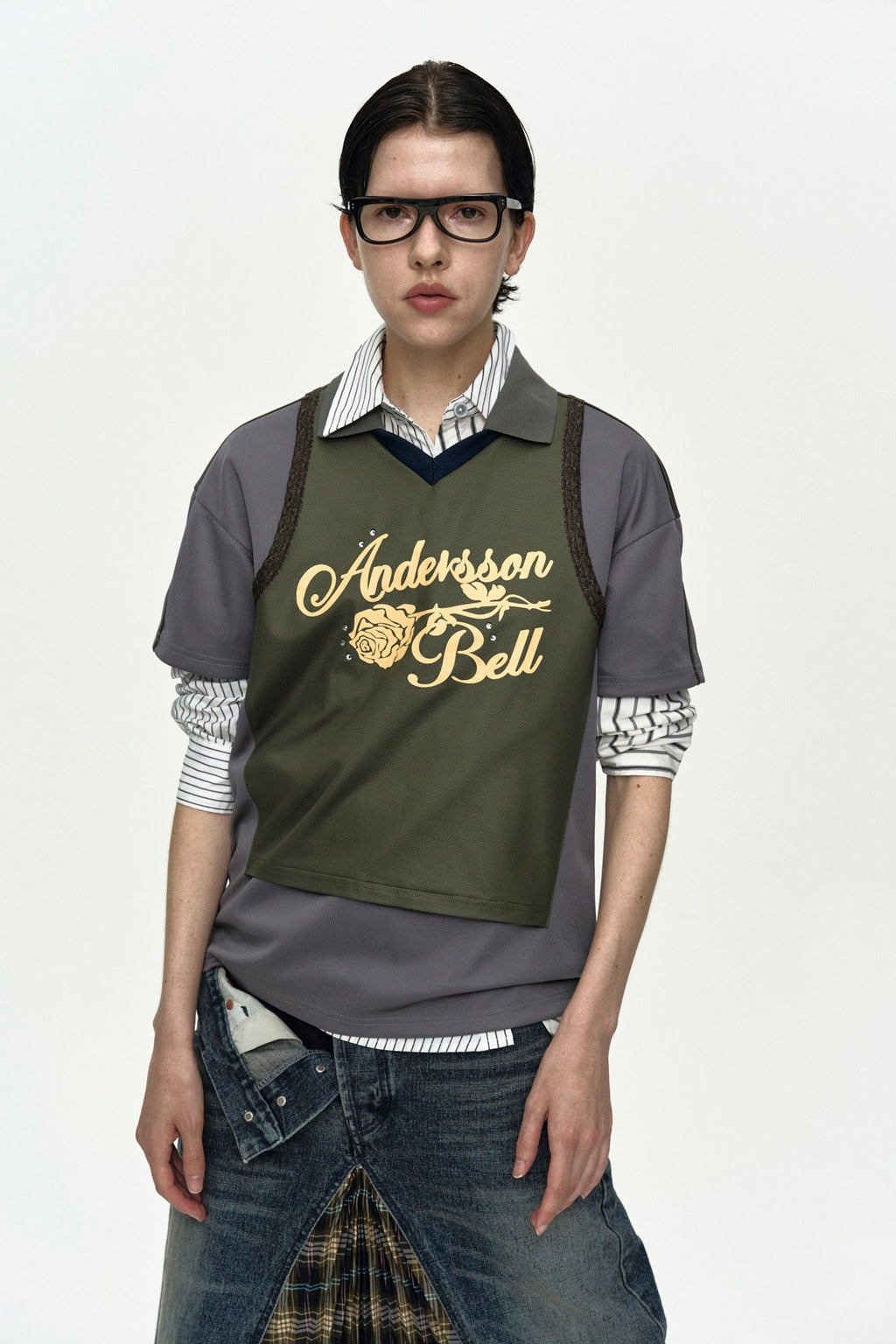 Andersson Bell - Lace Trimmed Polo Jersey Top (Grey/Khaki) product image 1 | TRAB K-Fashion Australia