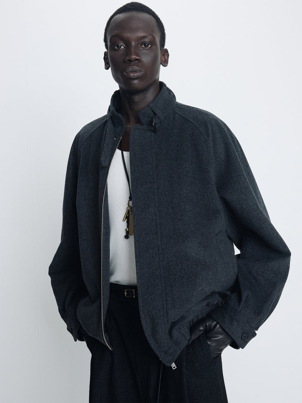 Tonywack - Wool Flannel Belted Stand Collar Bomber (Charcoal Anthracite) product image 3 | TRAB K-Fashion Australia