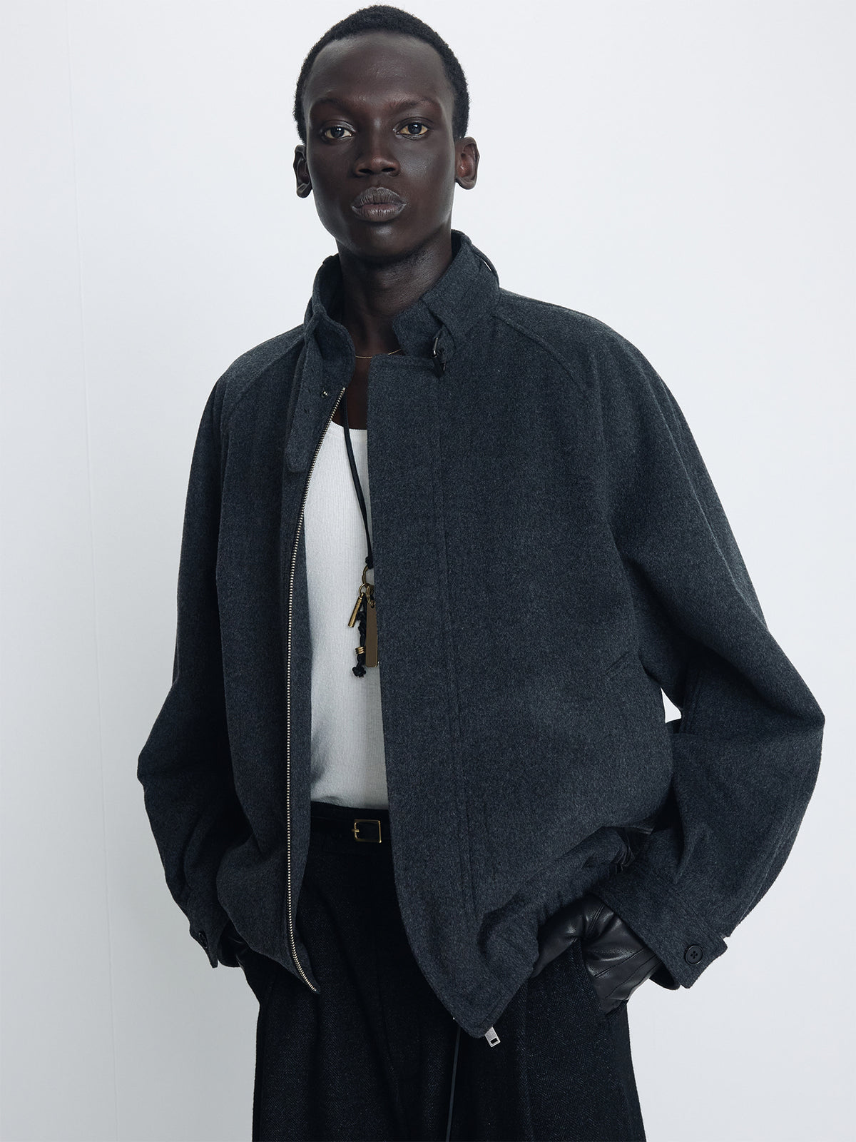 Tonywack - Wool Flannel Belted Stand Collar Bomber (Charcoal Anthracite) product image 3 | TRAB K-Fashion Australia