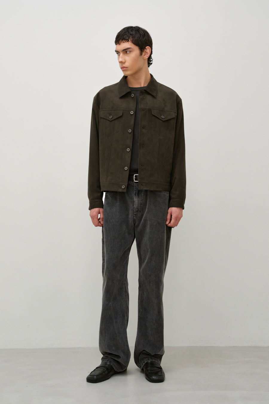 Insilence - Faux Suede Trucker Jacket (Olive Brown) product image 4 | TRAB K-Fashion Australia