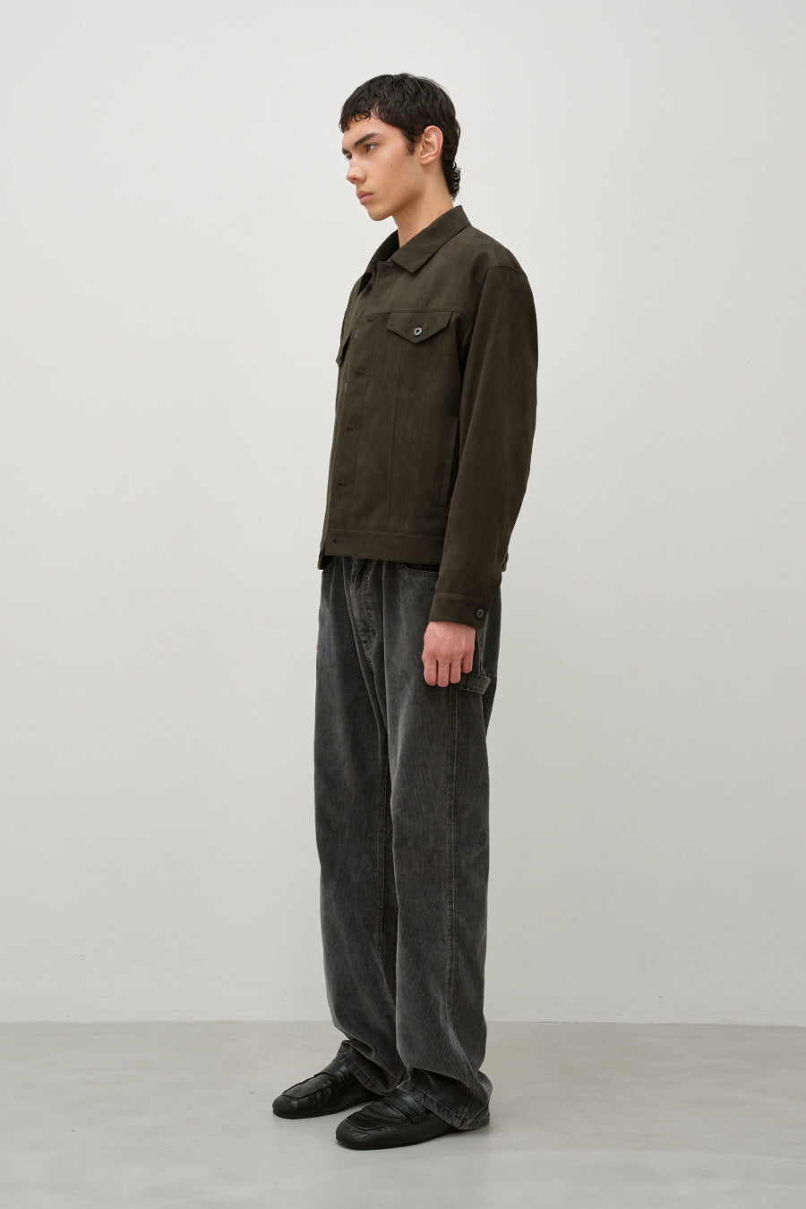 Insilence - Faux Suede Trucker Jacket (Olive Brown) product image 2 | TRAB K-Fashion Australia