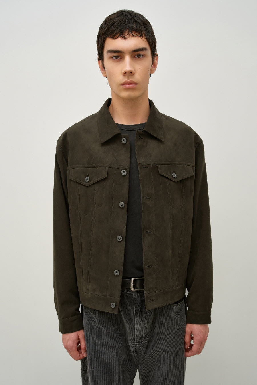 Insilence - Faux Suede Trucker Jacket (Olive Brown) product image 3 | TRAB K-Fashion Australia