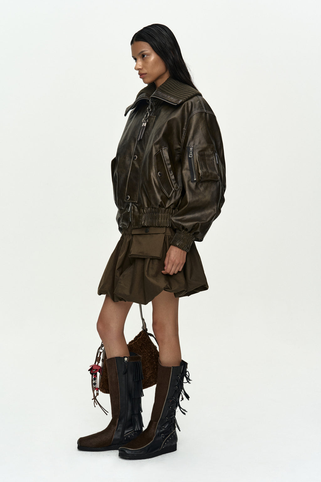 Andersson Bell - Knit-Collar Ma-1 Bomber Jacket (Khaki) product image 3 | TRAB K-Fashion Australia