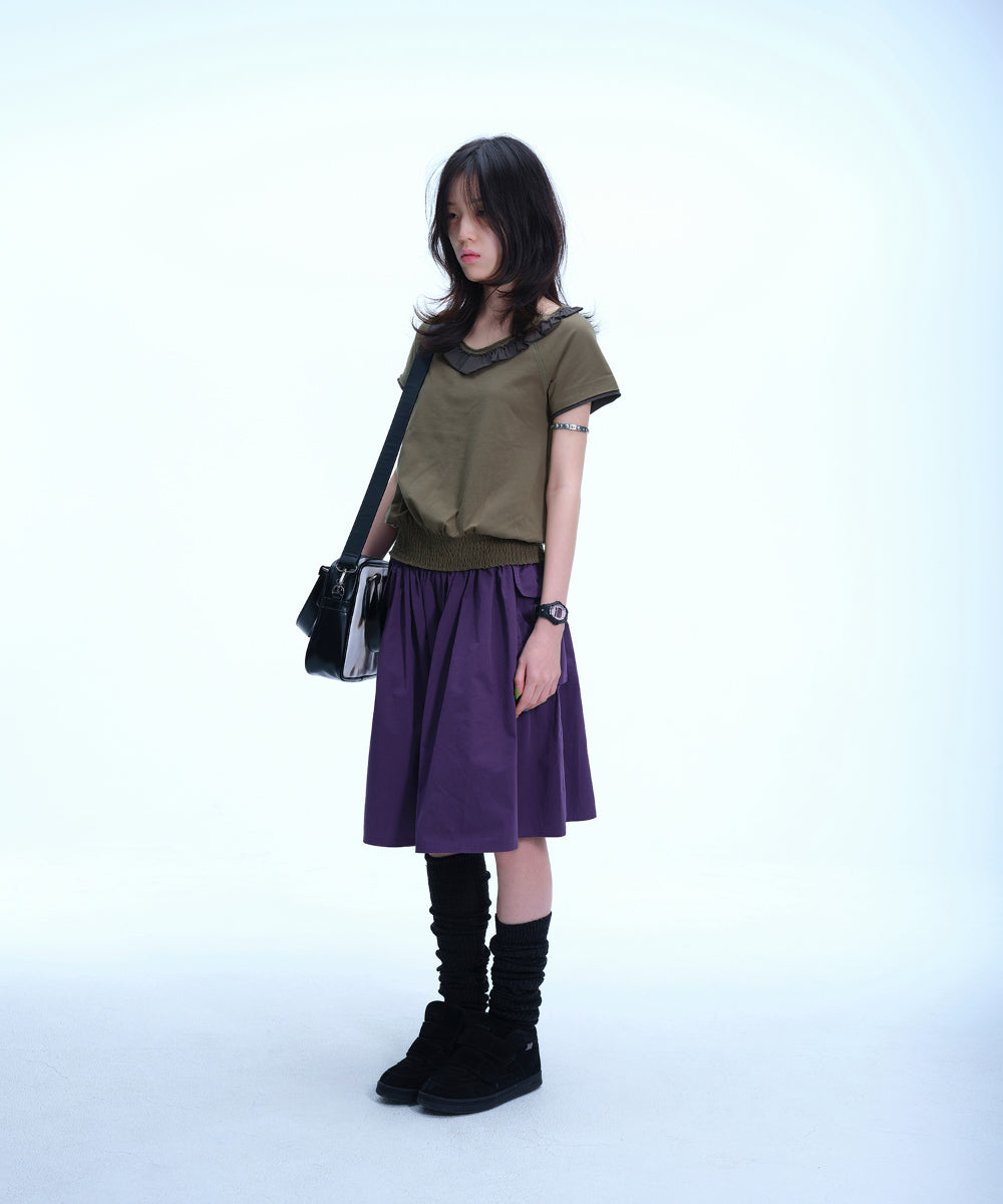Coyseio - Ruffle V-Neck Smocked T-Shirt (Olive) product image 9 | TRAB K-Fashion Australia